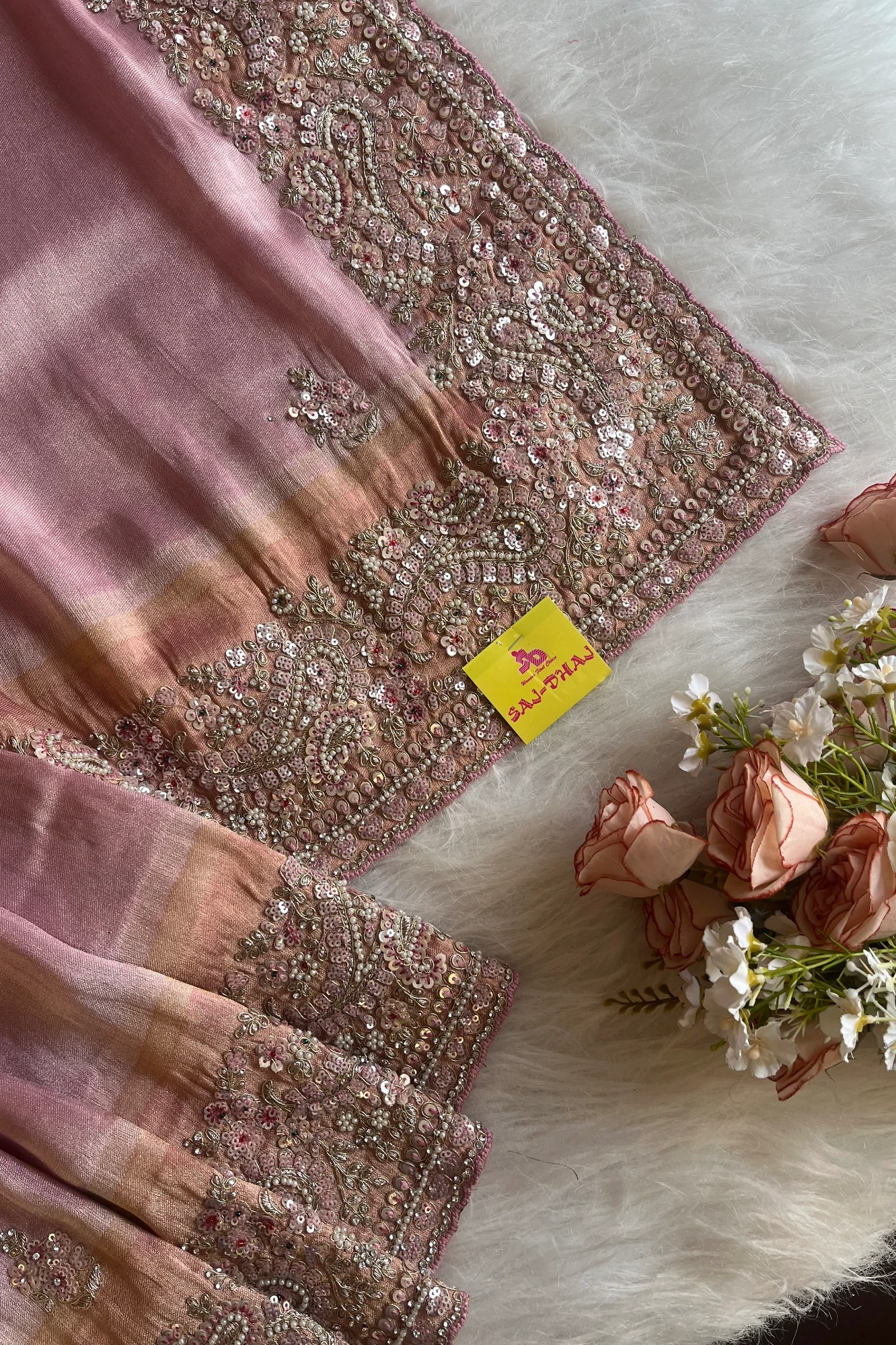 Pink Kanchipuram Silk Saree with Mixed Embroidery