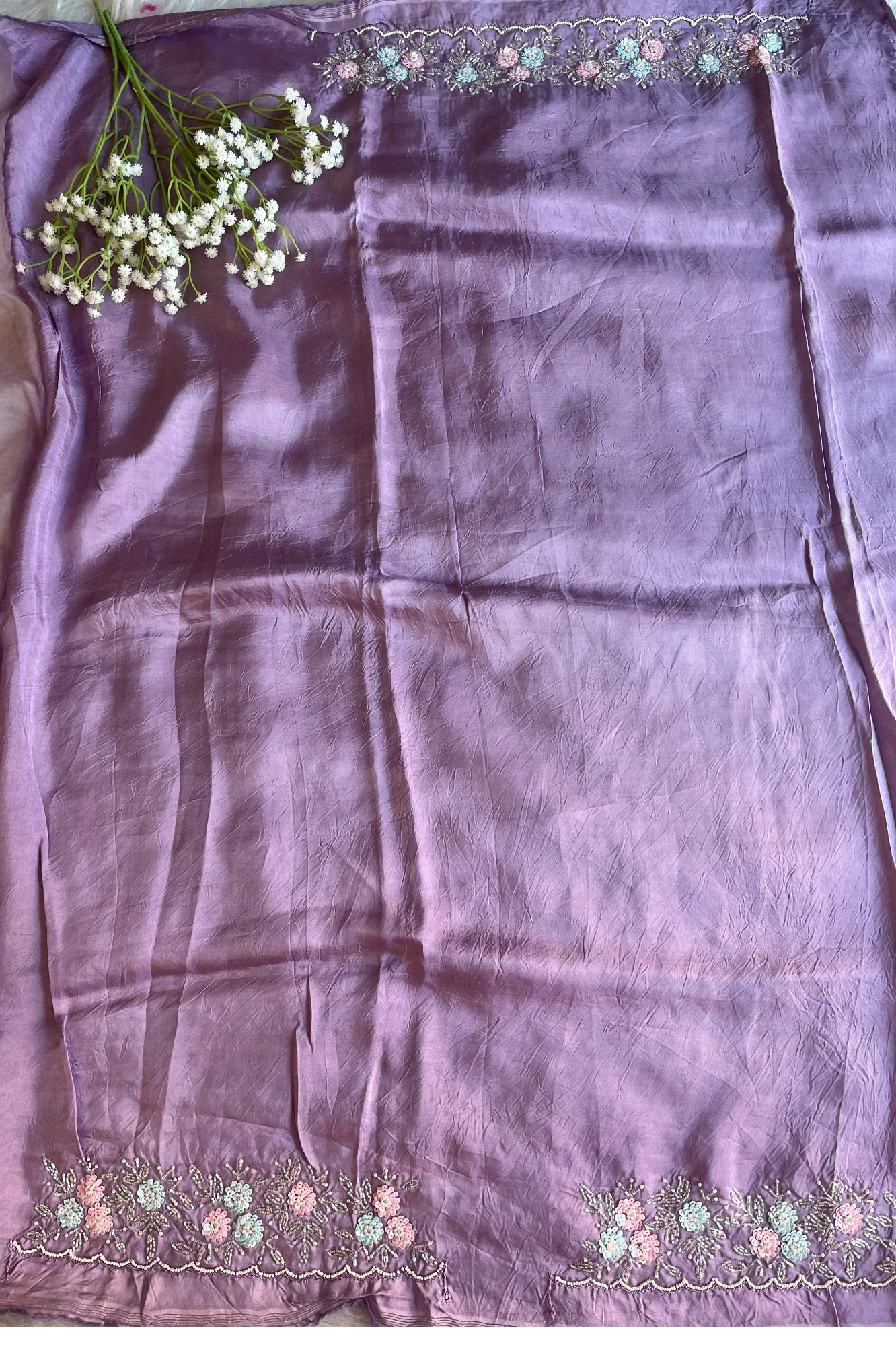Organza Saree with Multicolour  Sequins & Cutdana | Hand Embroidered Blouse 5437 03 (Lilac)