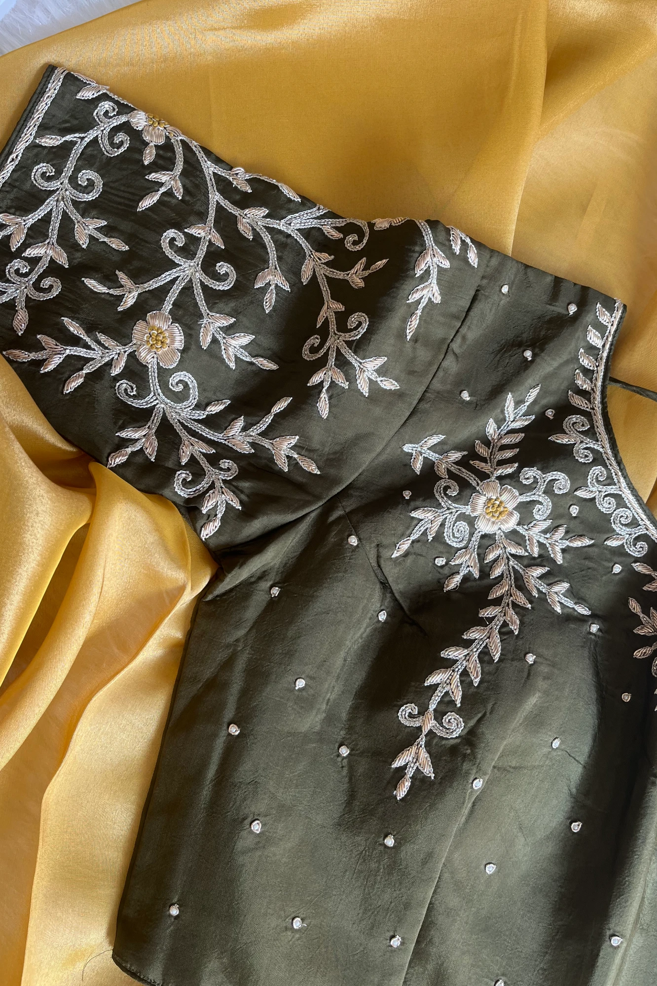 Dull Mustard Yellow Tissue Saree with Zardosi Border & Green Blouse 5525 09