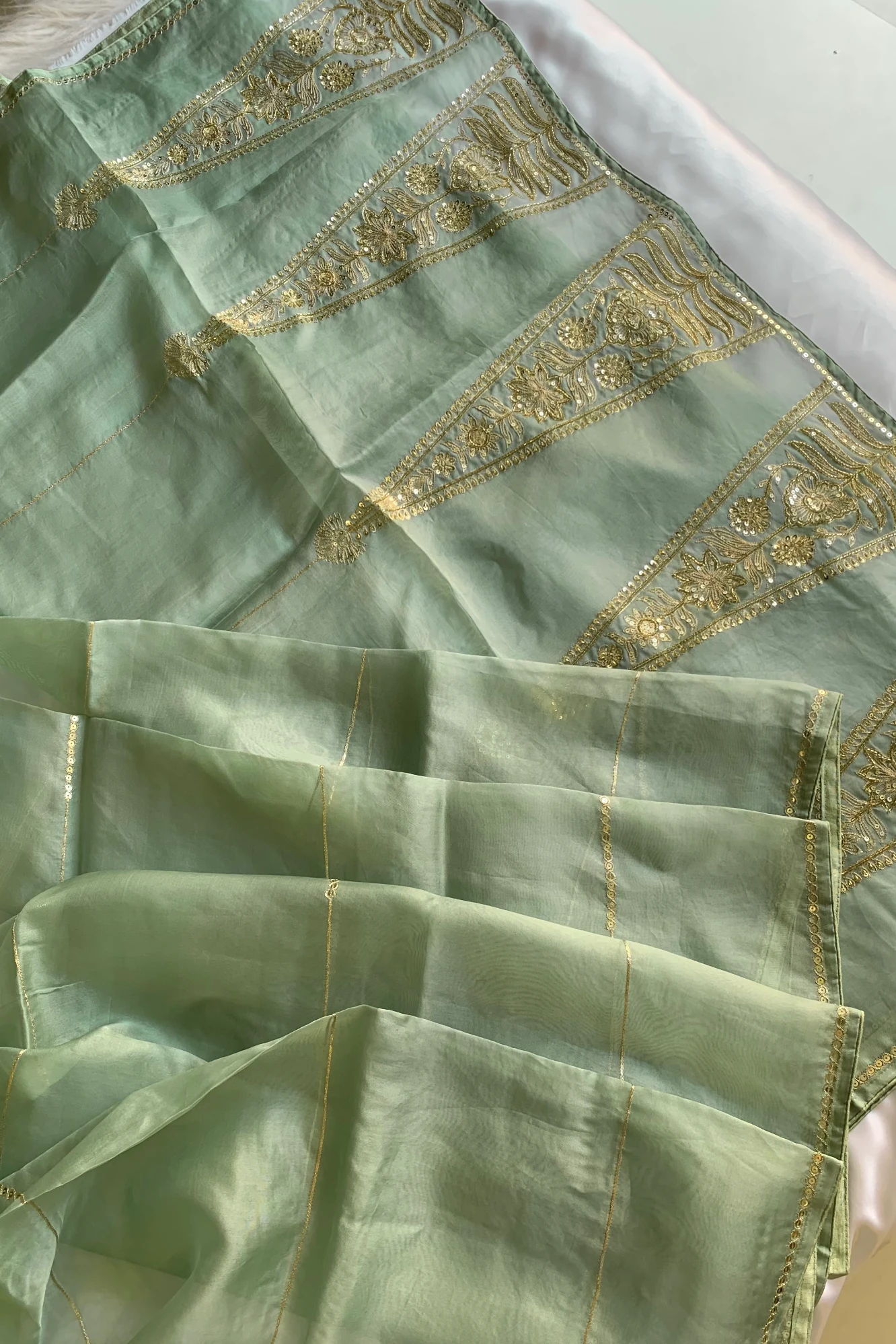 Pista Green Aari Organza Saree 5853 07