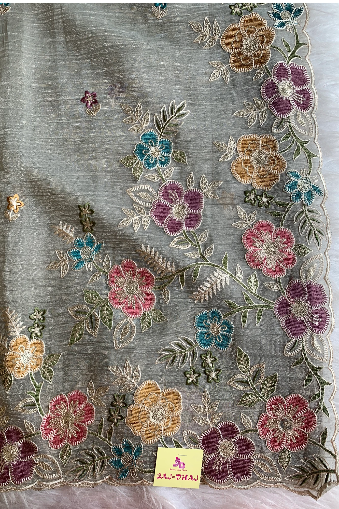 Ash Crush Tissue Organza Floral Saree 5773 04
