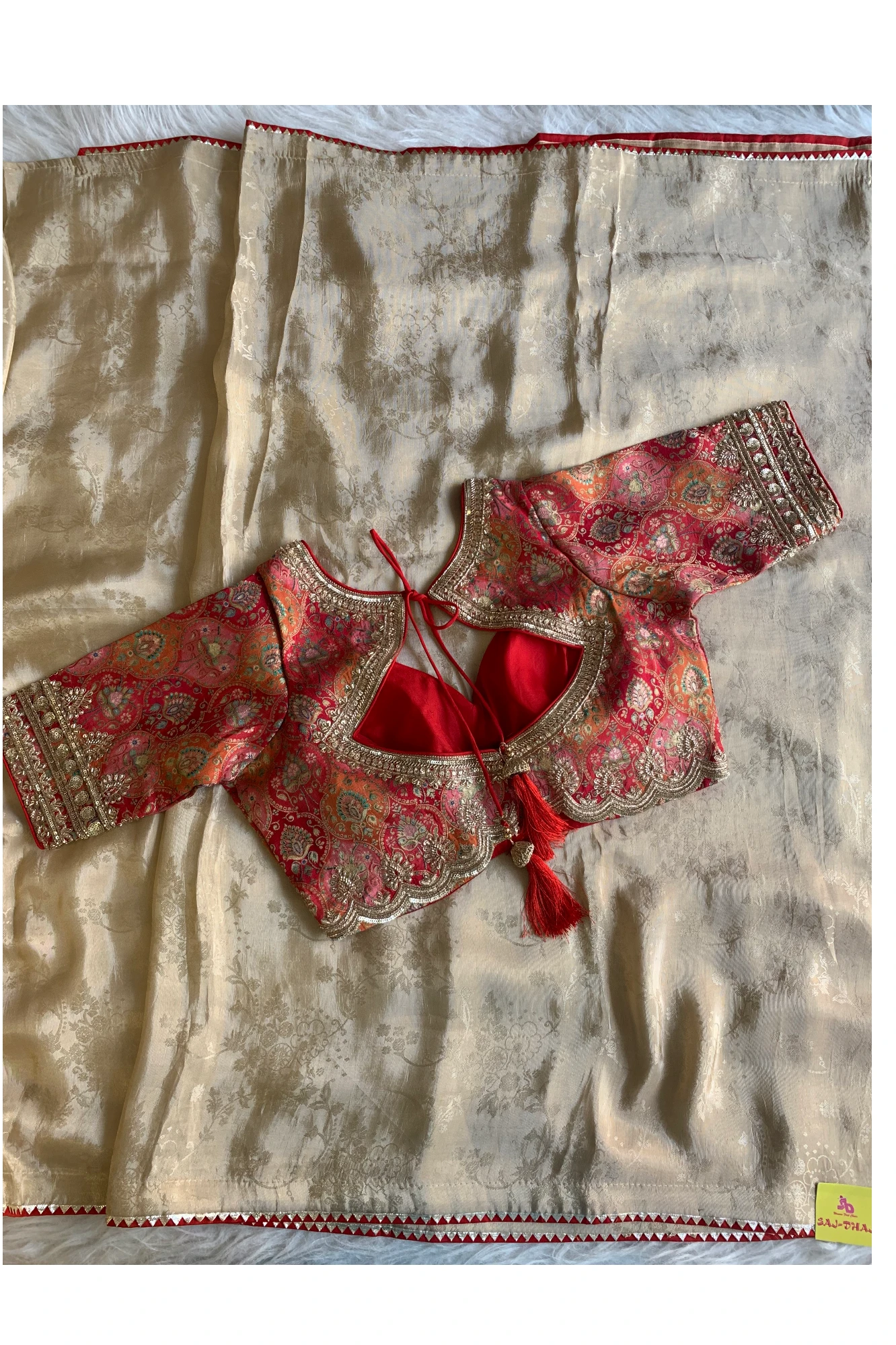 Beige Dola Saree with Red Jamawar Blouse 5754 02