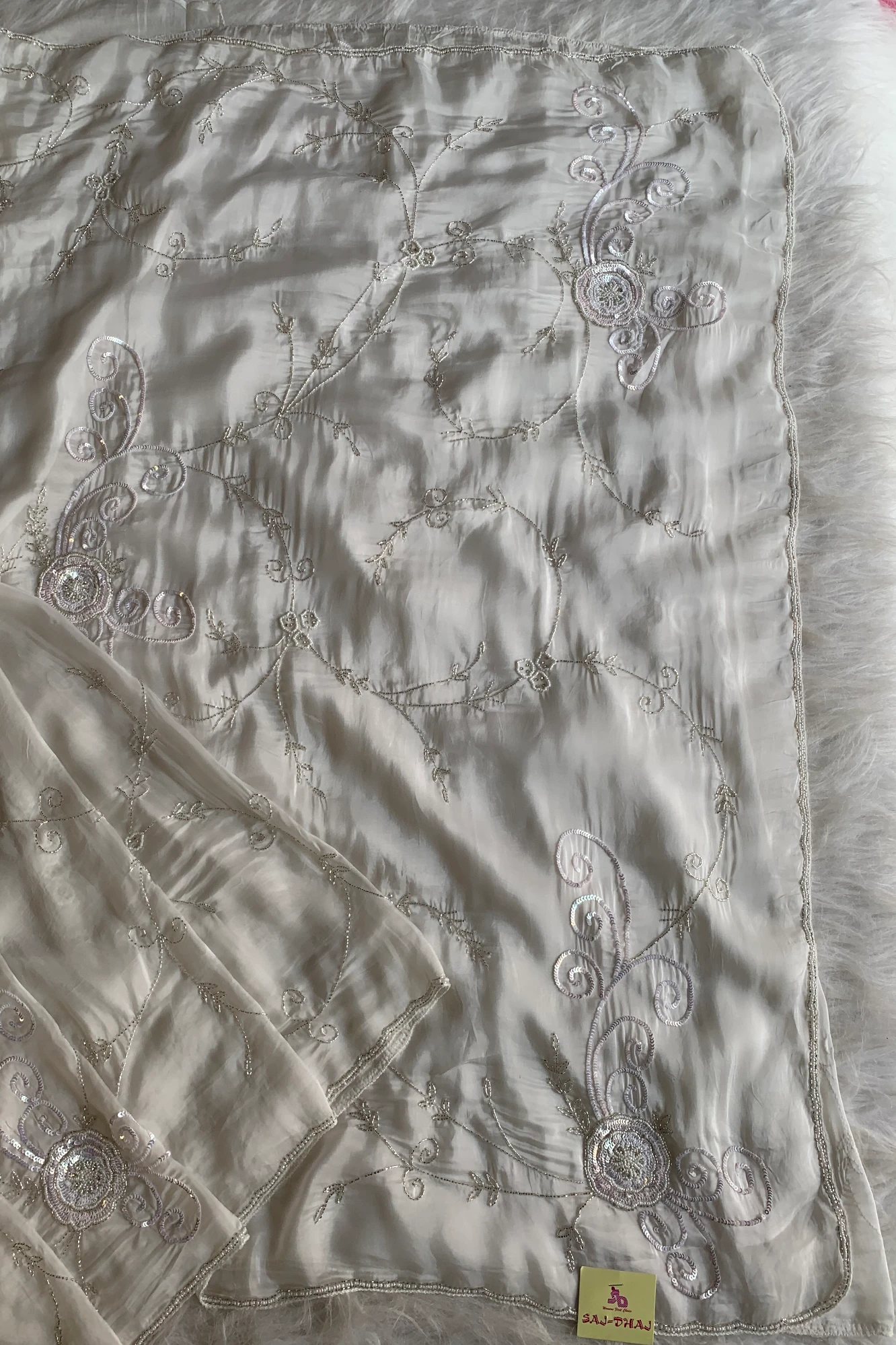 White Embellished Habutai Silk Saree 5365 12