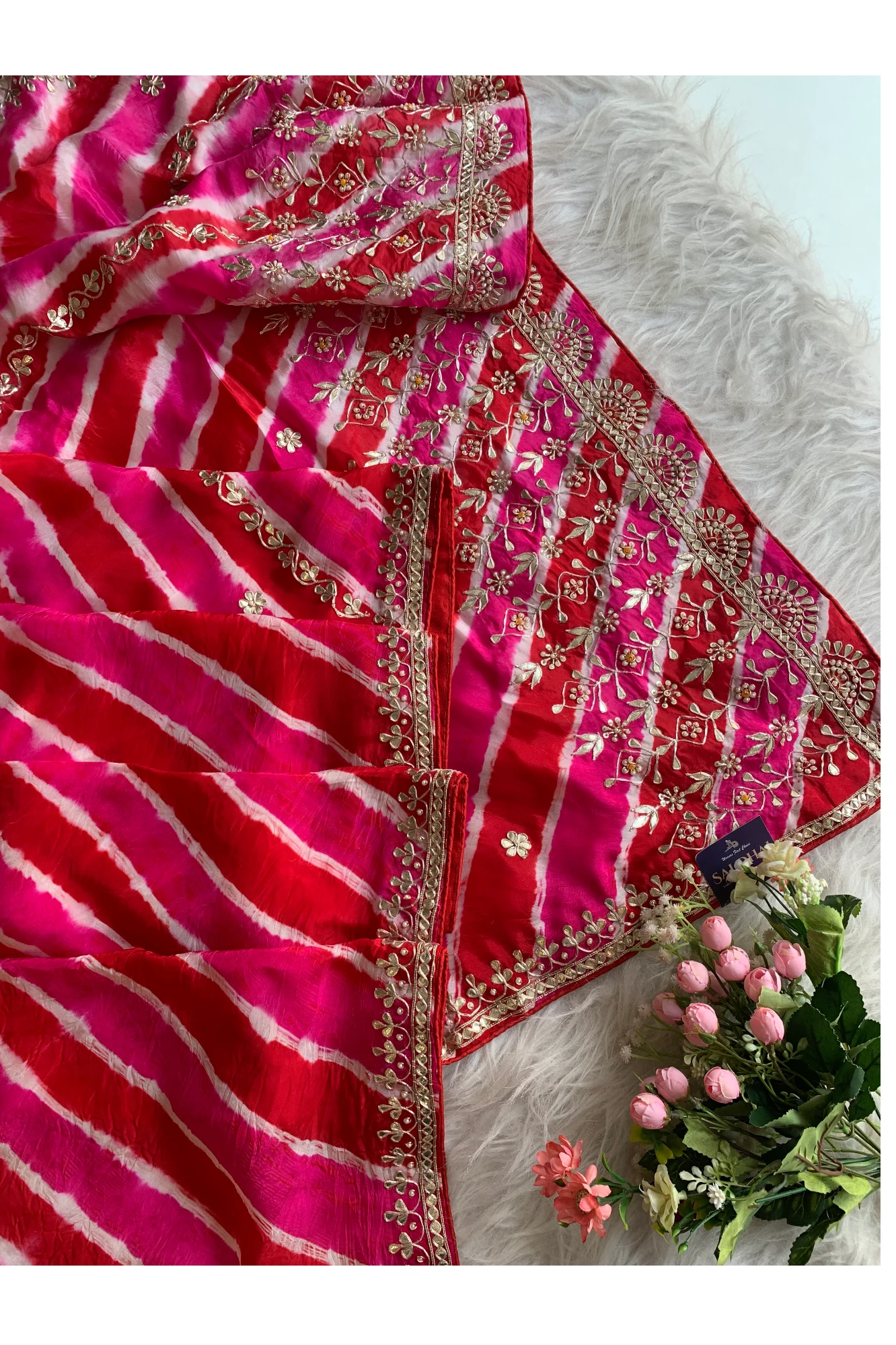 Pink & Red Leheriya Pallu Jaal Saree 5837 02
