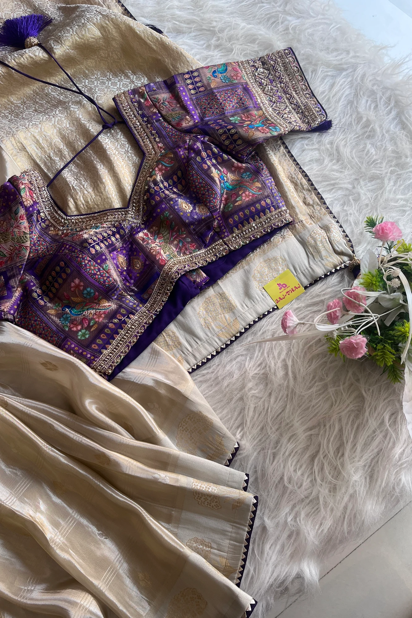 Ivory Banarasi Saree with Purple Jamawar Blouse