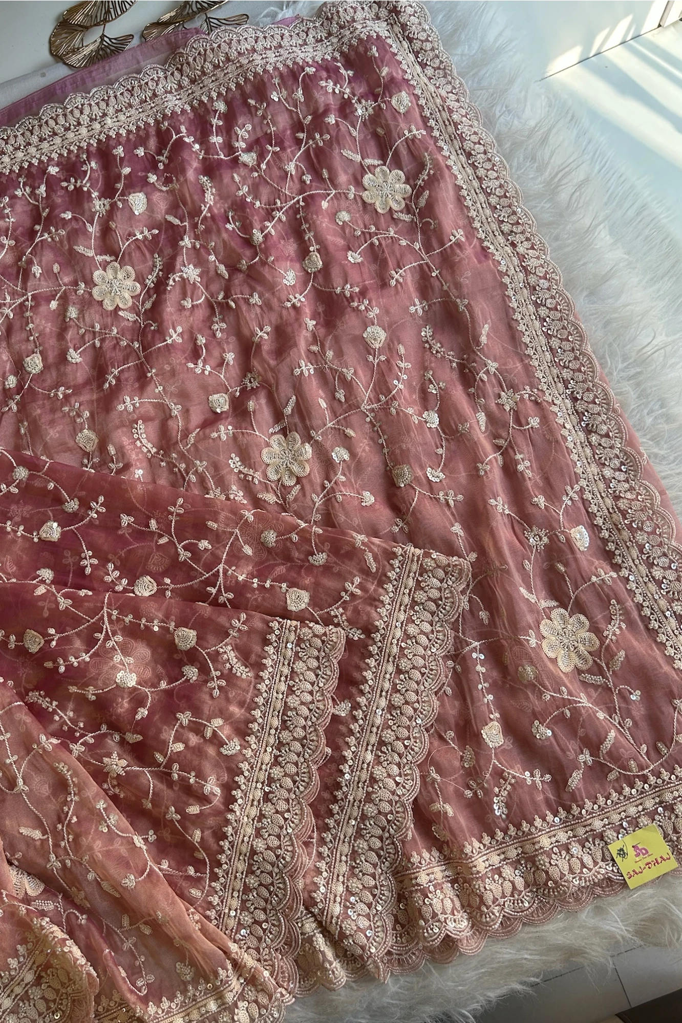 Peach Jaal Saree with Heavy Sequin & Cutdana Border 5527 07