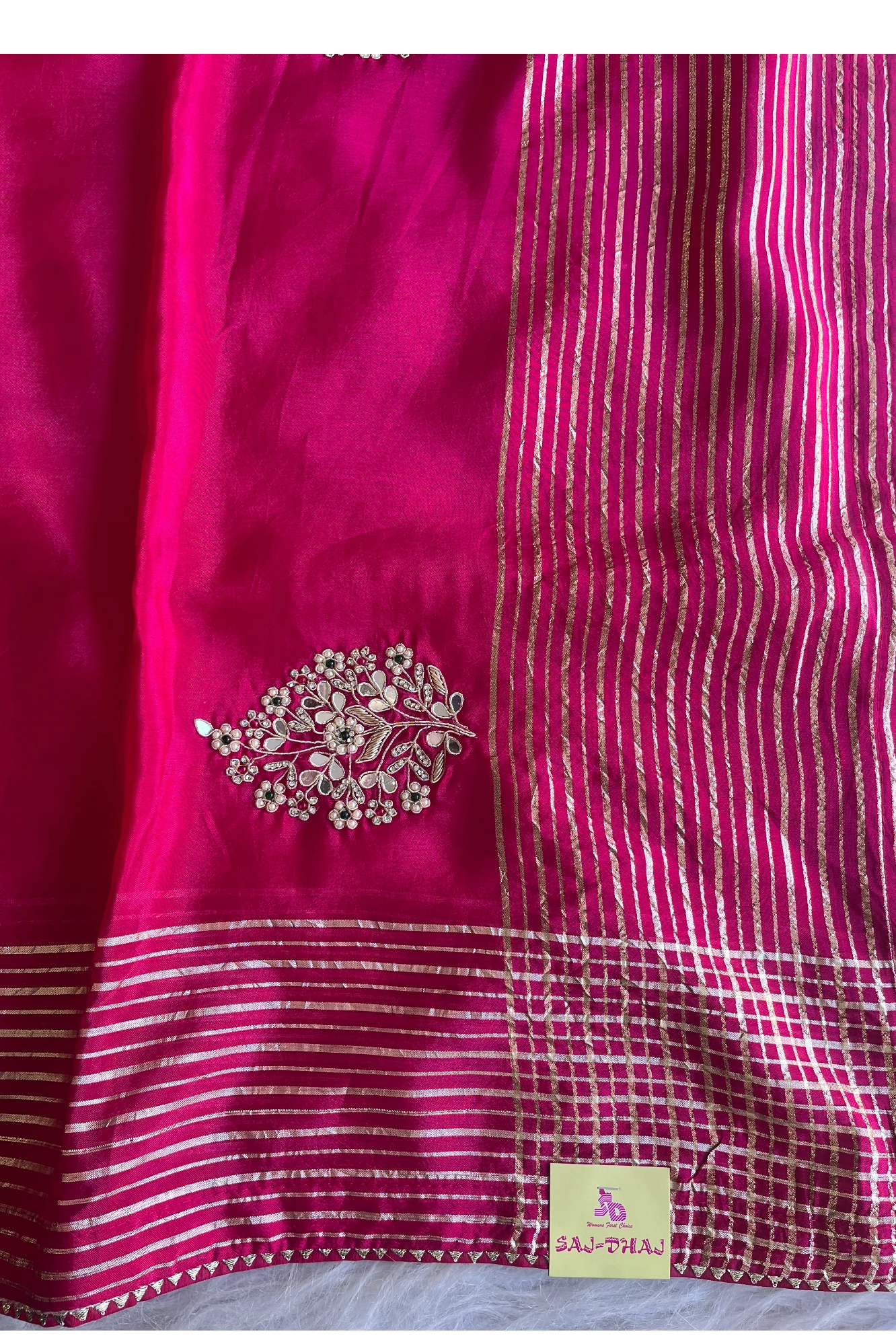 Habutai Silk Saree with Pearl Cutdana Buttis & Banarasi Border  | Matching Blouse 5440 01 (Pink)