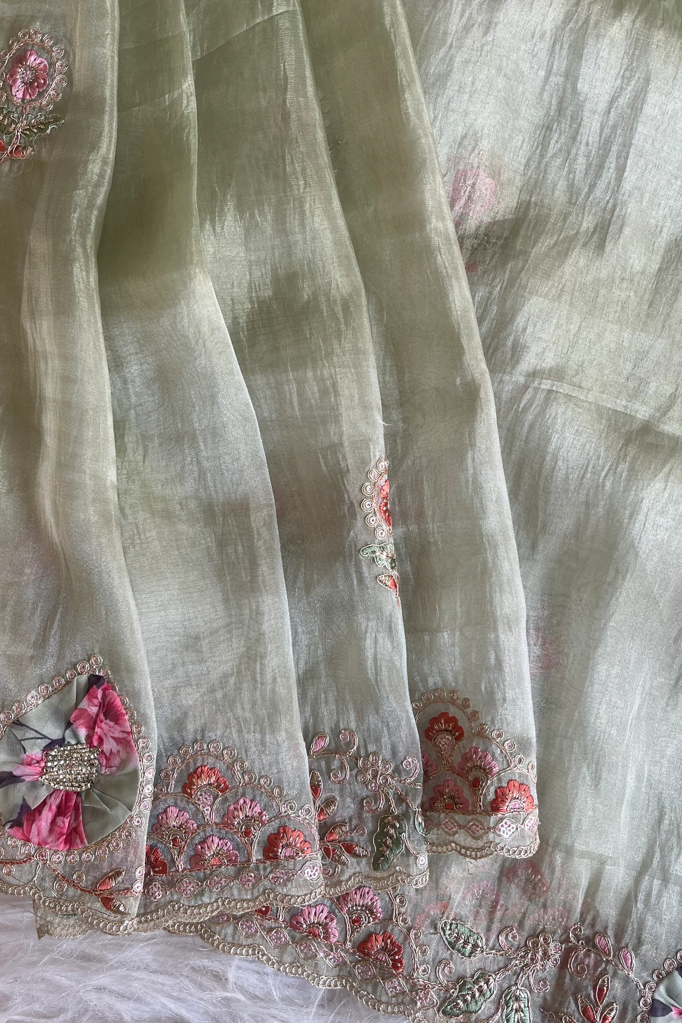 Mint Green Tissue Organza Saree with Dori & Appliqué Work 5727 09