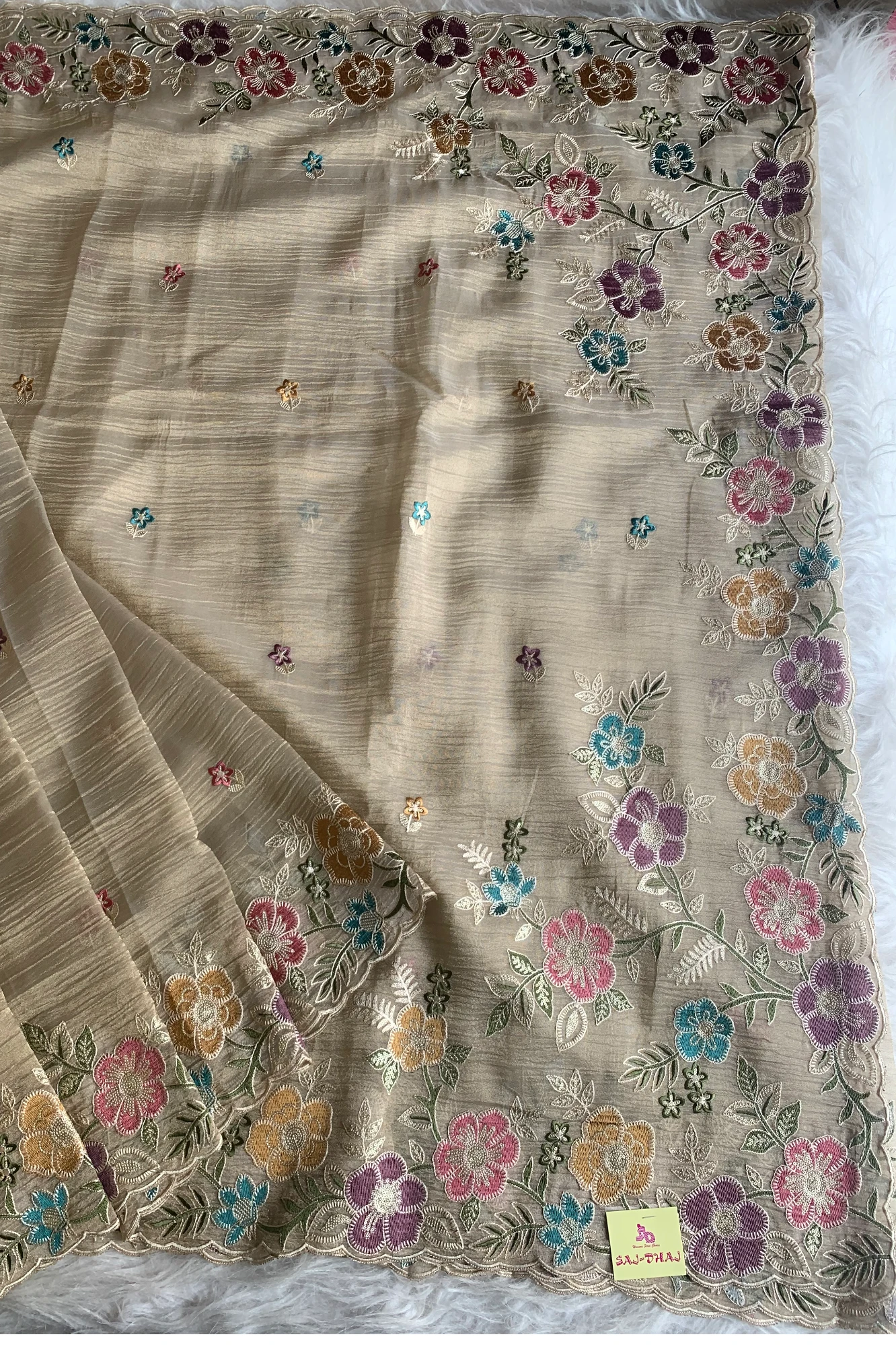 Cream Crush Tissue Organza Floral Saree 5773 04