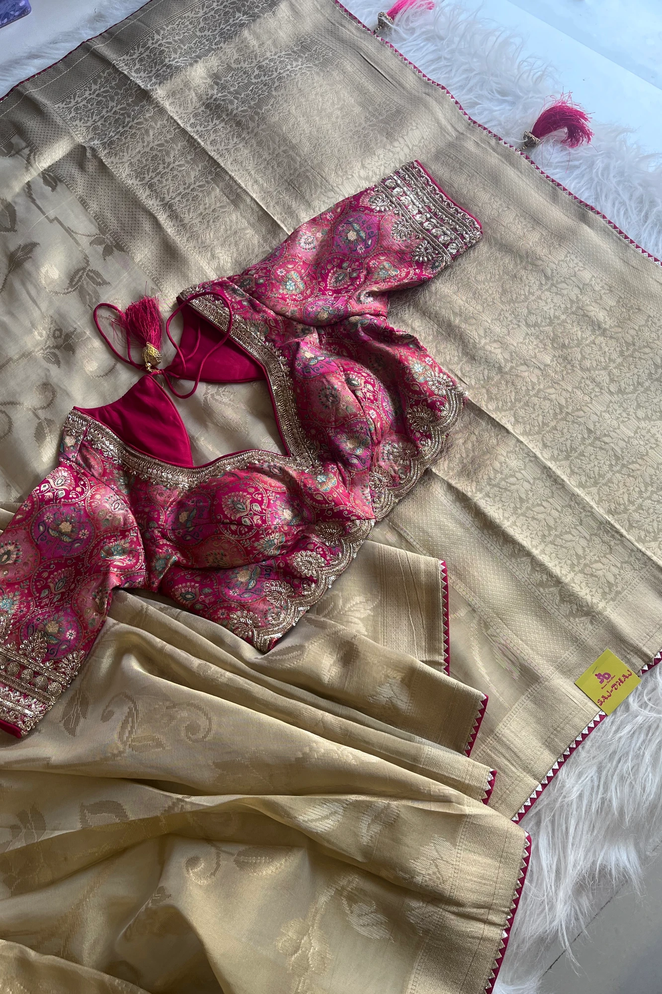 Beige Banarasi Saree with Red Jamawar Blouse