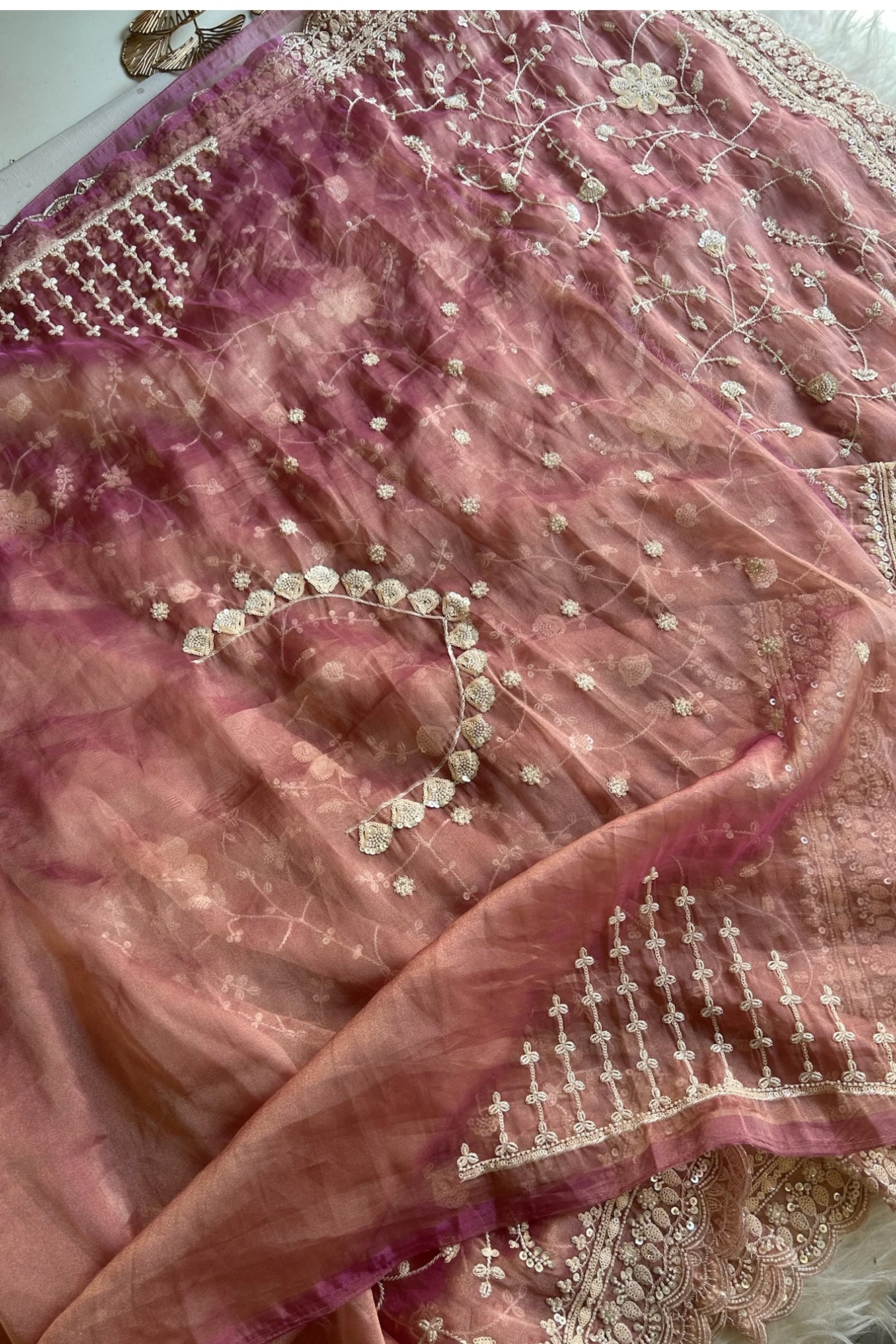 Peach Jaal Saree with Heavy Sequin & Cutdana Border 5527 07