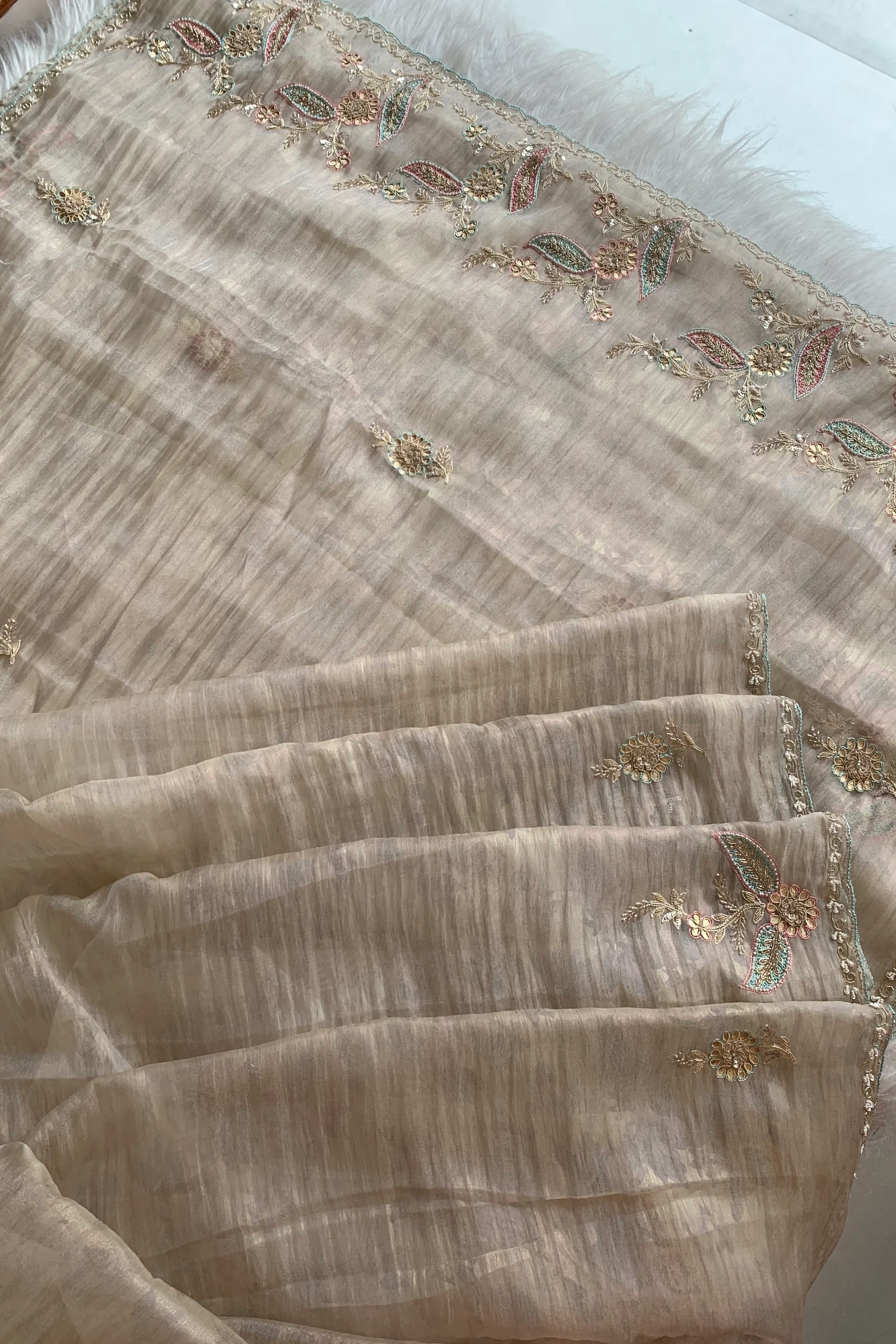 Beige Embellished Crush Organza Saree 5850 11