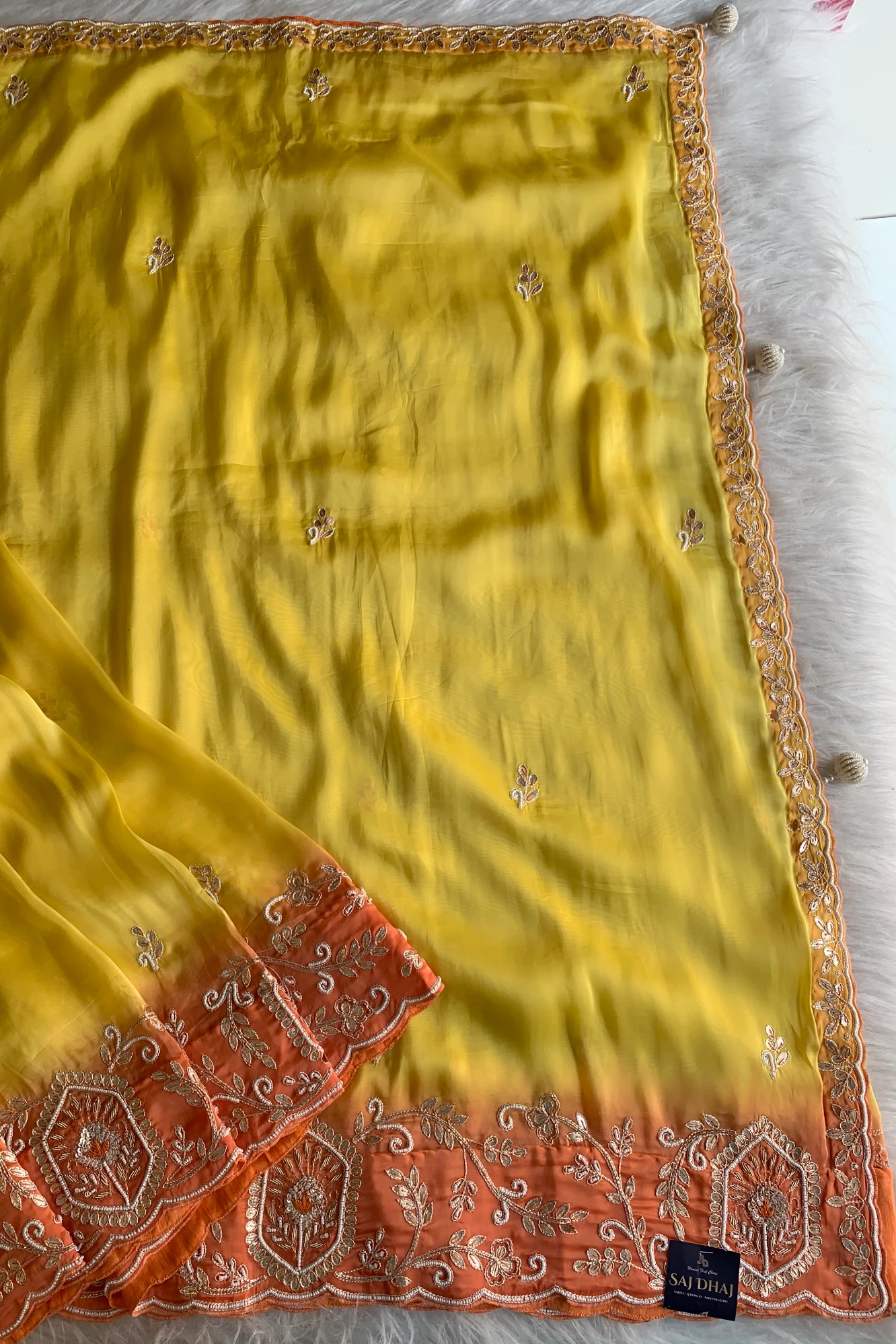 Yellow Habutai Silk Saree with Orange Border