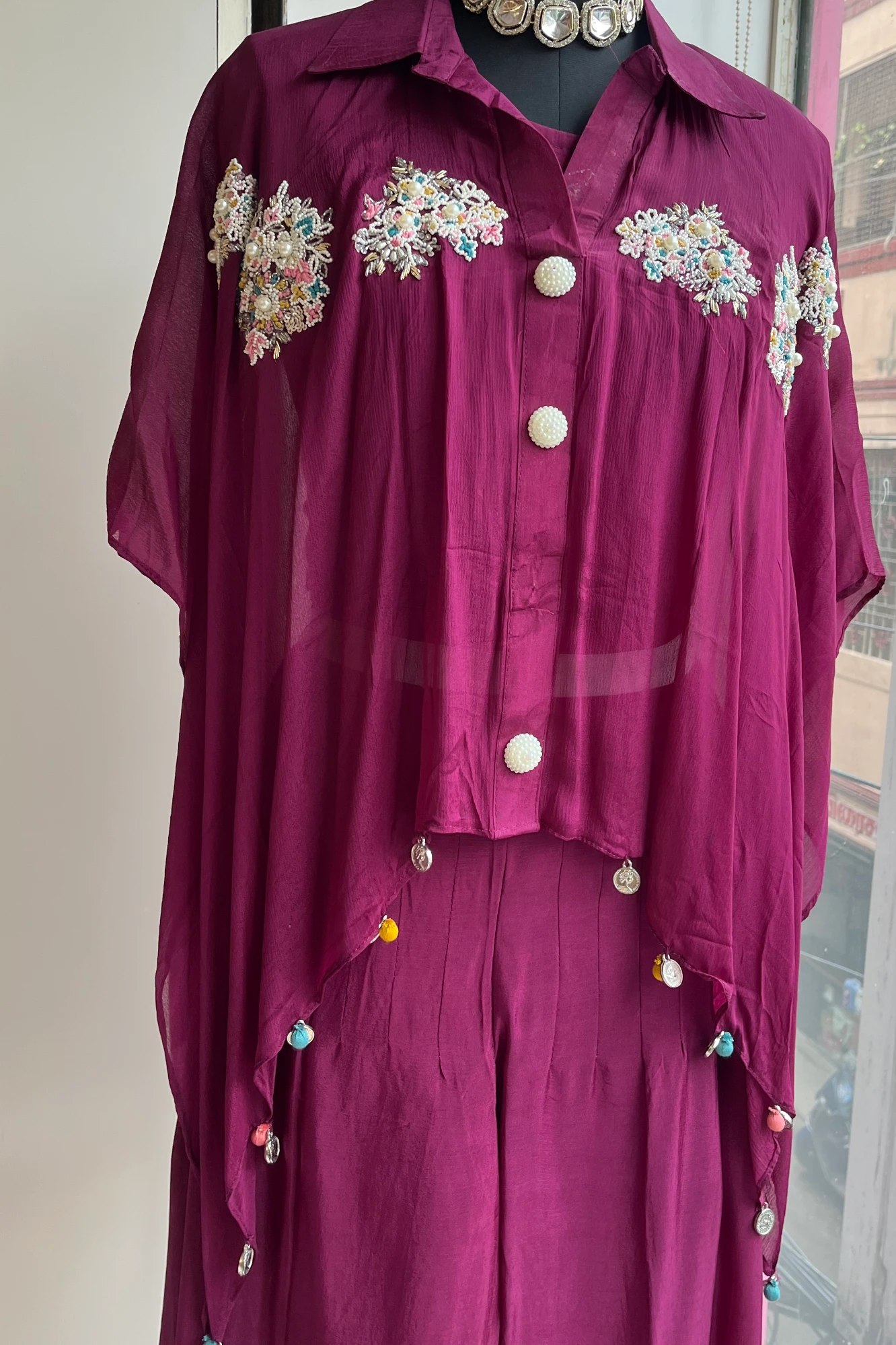 Burgundy Co-Ord Set with Beads & Pearls 5208 03 (40)