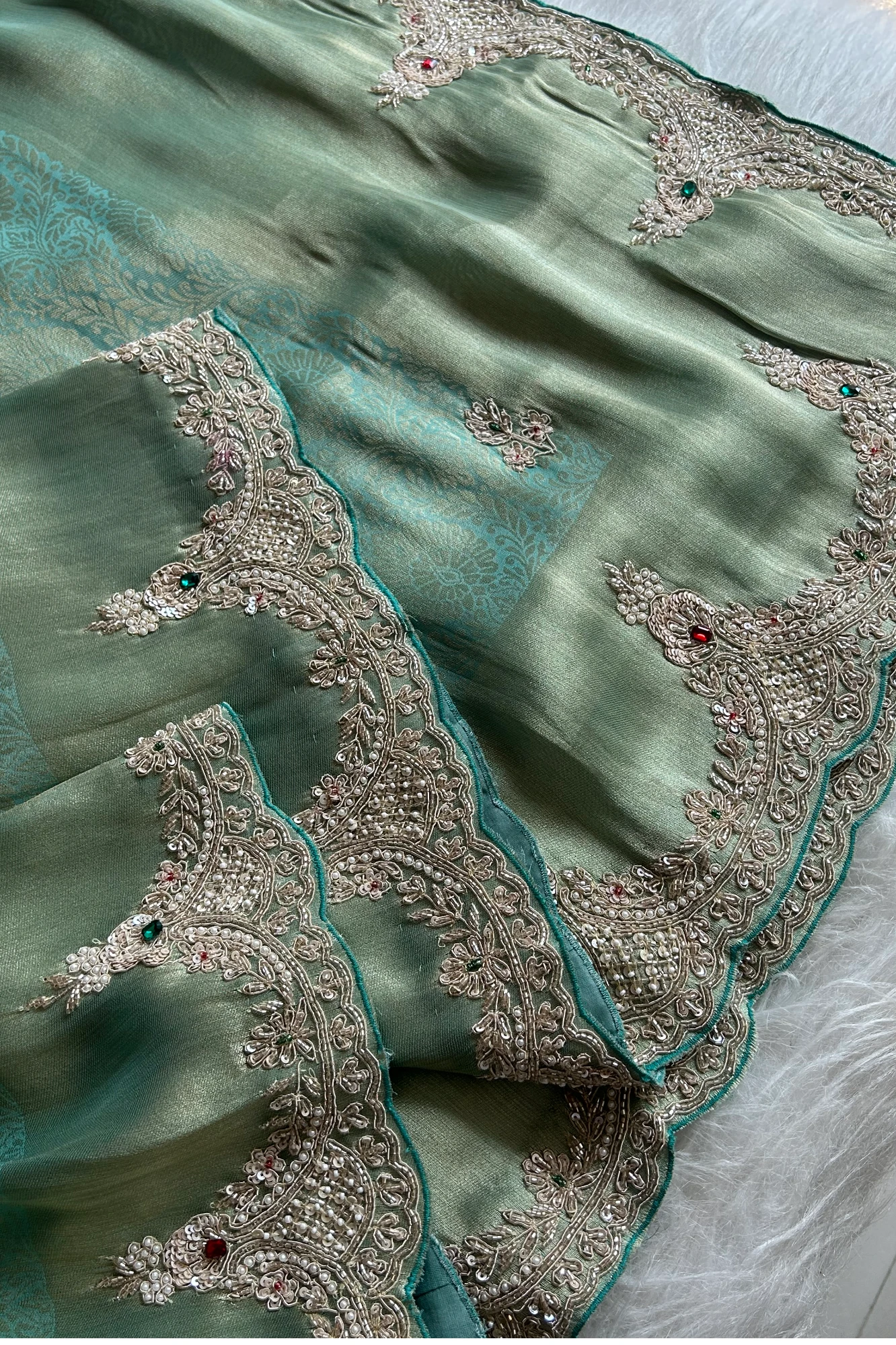 Kanchipuram Silk Saree with  Weaving, Zardosi, Sequins & Gem Embellishments 5650 12 (Green)