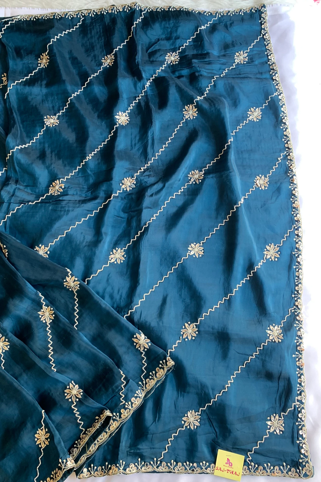 Peacock Blue Habutai Silk Saree 5659 11