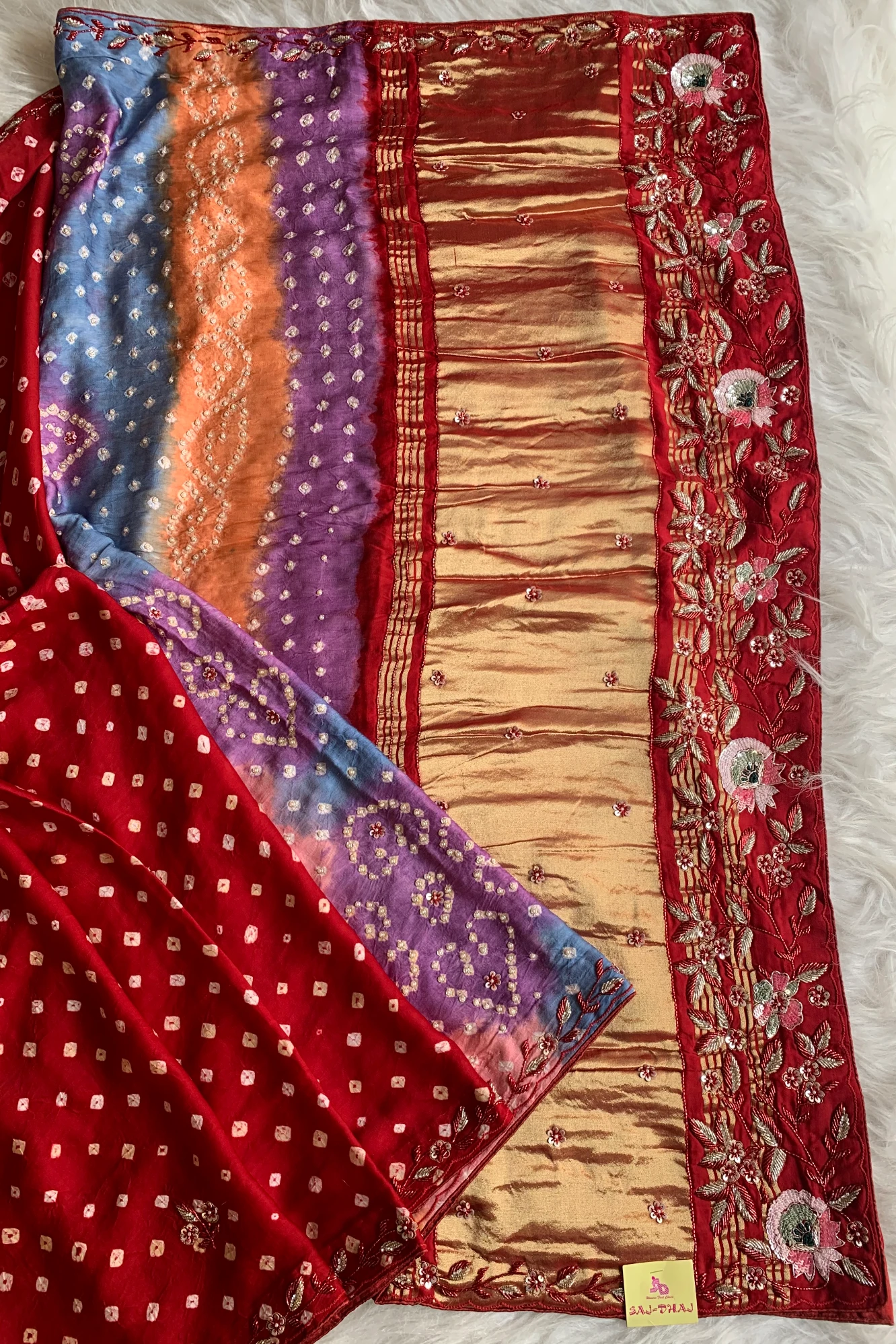 Maroon Bandhej Gajji Silk Saree with Multicolor Pallu 5313 02/01