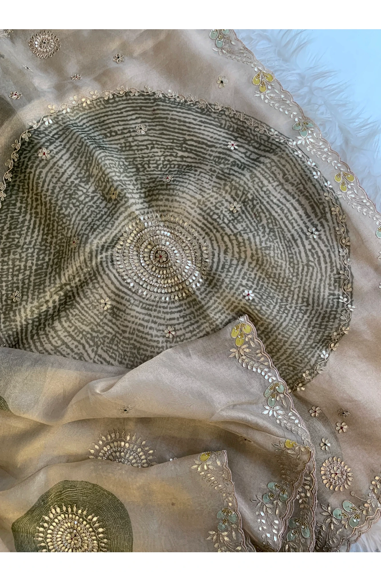 Gota Patti Organza Saree with Tie Dye Effect (beige+Green) 5838 01