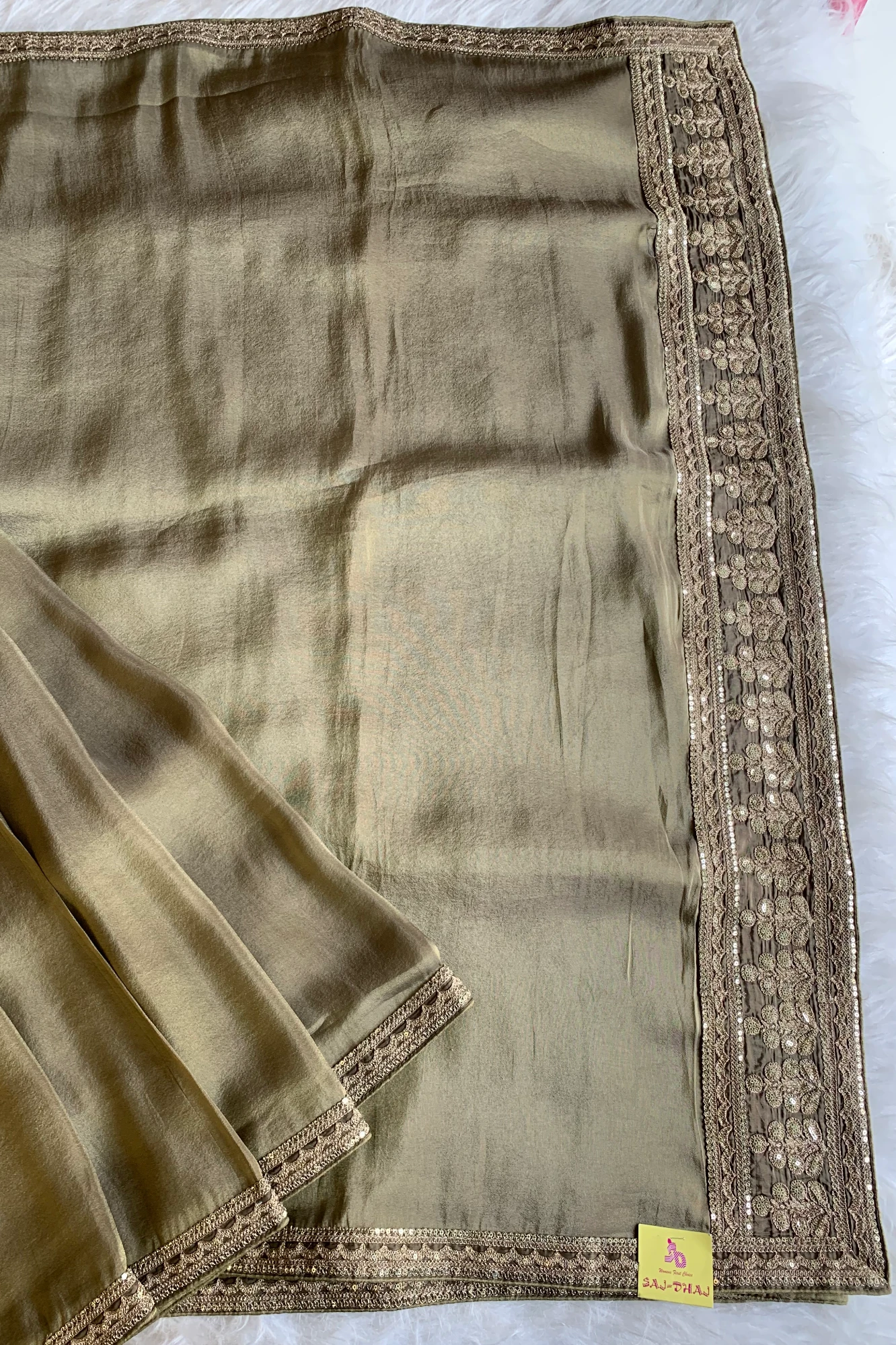 Dark Olive Green Aari Thari Tissue Saree 5087 02