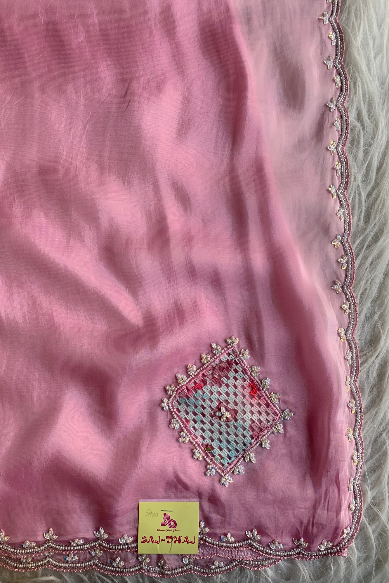 Baby Pink Crochet Designed Habutai Silk Saree 5367 01