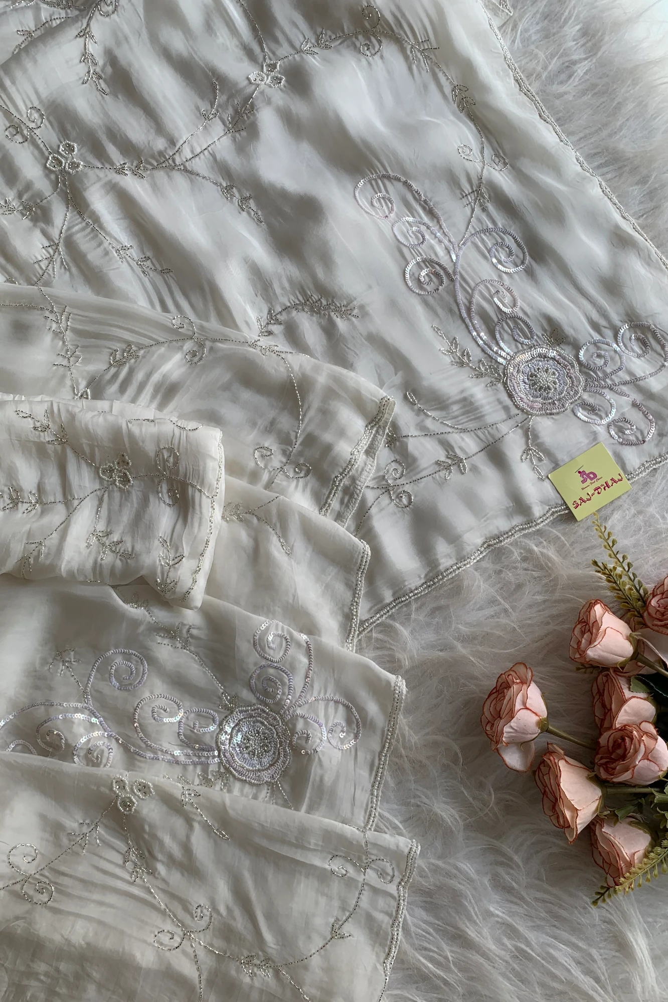 White Embellished Habutai Silk Saree 5365 12