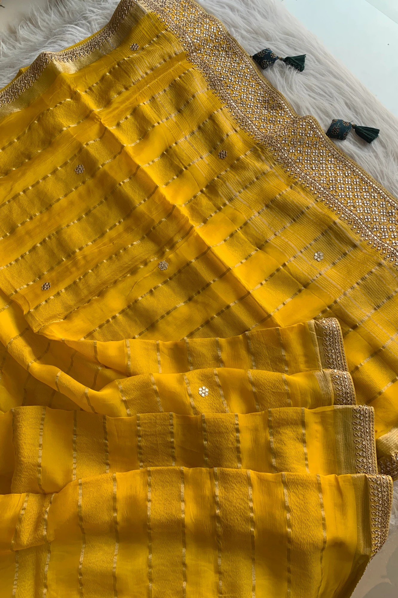 Yellow Banarasi Silk Saree with Green Ajrakh Blouse 5272 09