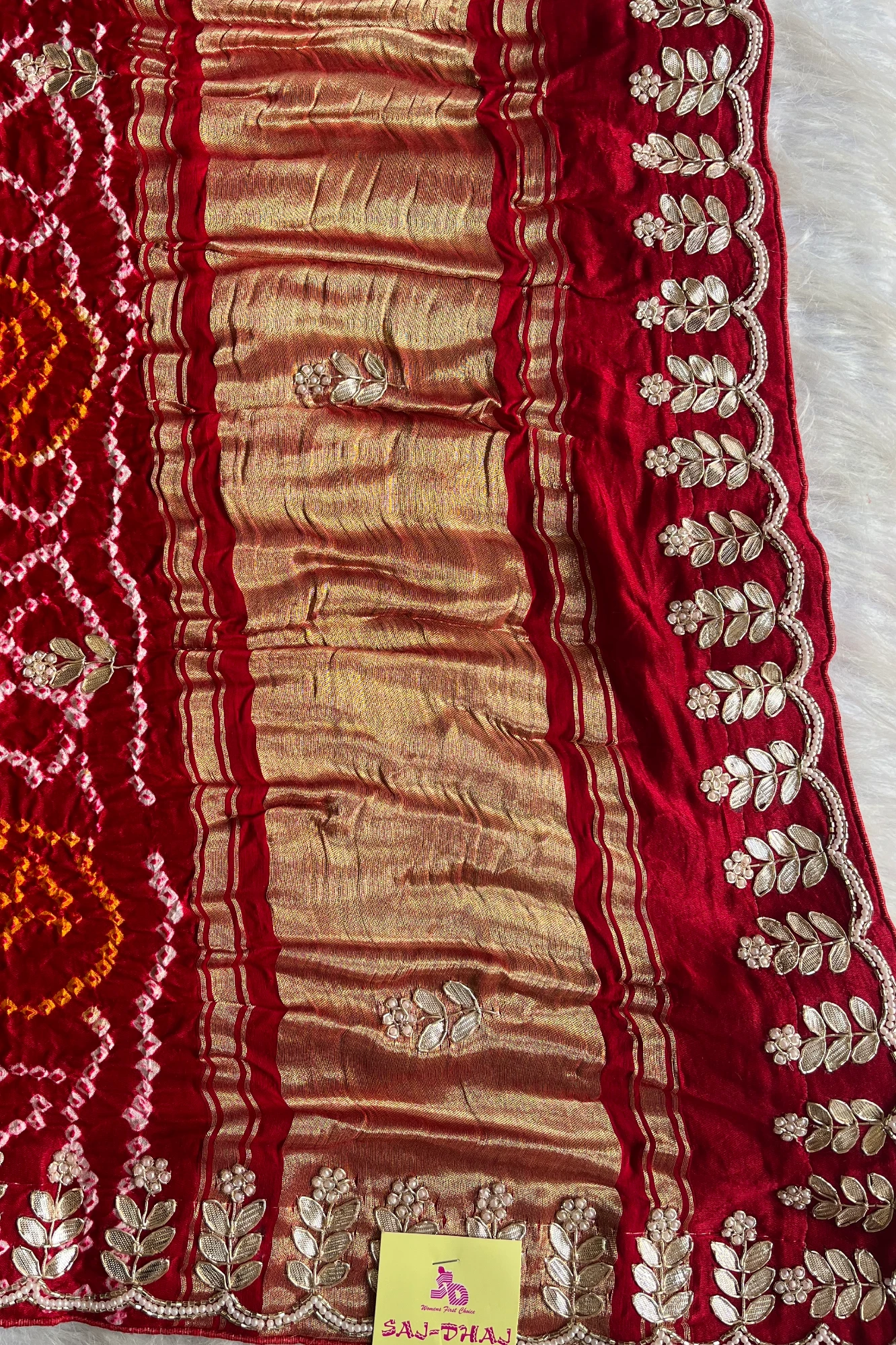 Exquisite Gajji Silk Gharchola Saree with Gotapatti, Pearls, Cutdana  Embroidered Border 5438 04 (Red)