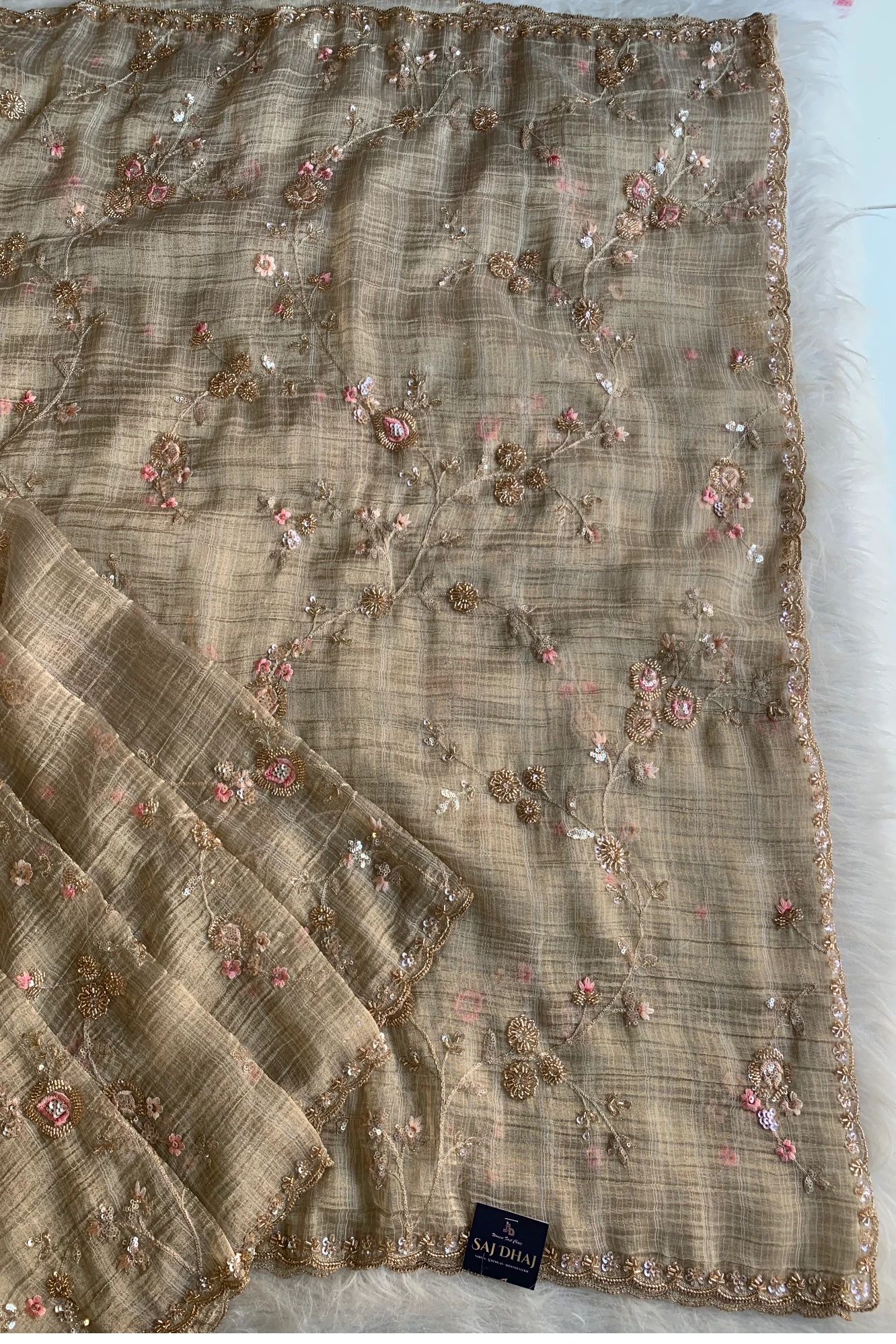 Beige Floral Embellished Tissue Saree 5841 03