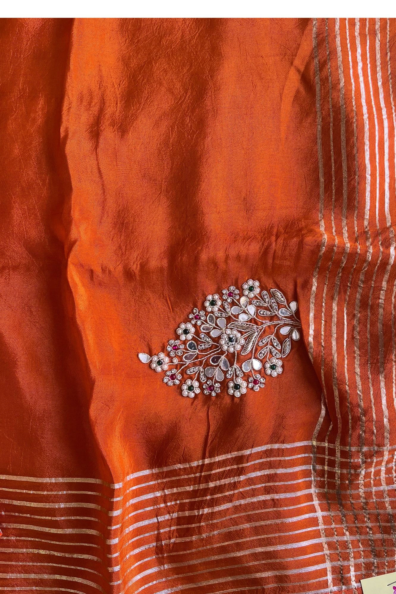 Habutai Silk Saree with Pearl Cutdana Buttis & Banarasi Border  | Matching Blouse 5440 01 (Rust orange)