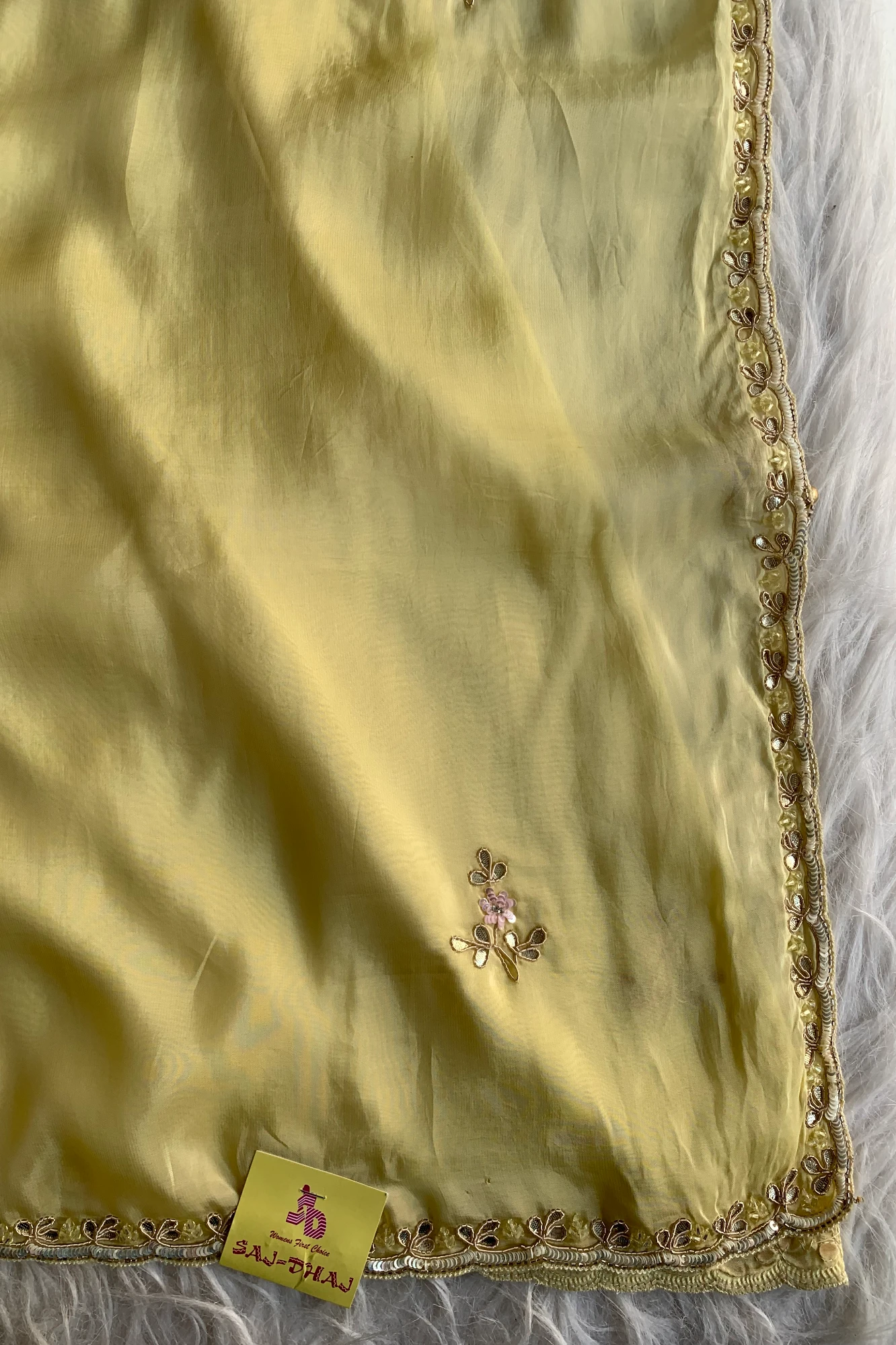 Lemon Yellow Embellished Habutai Silk Saree 4854 02