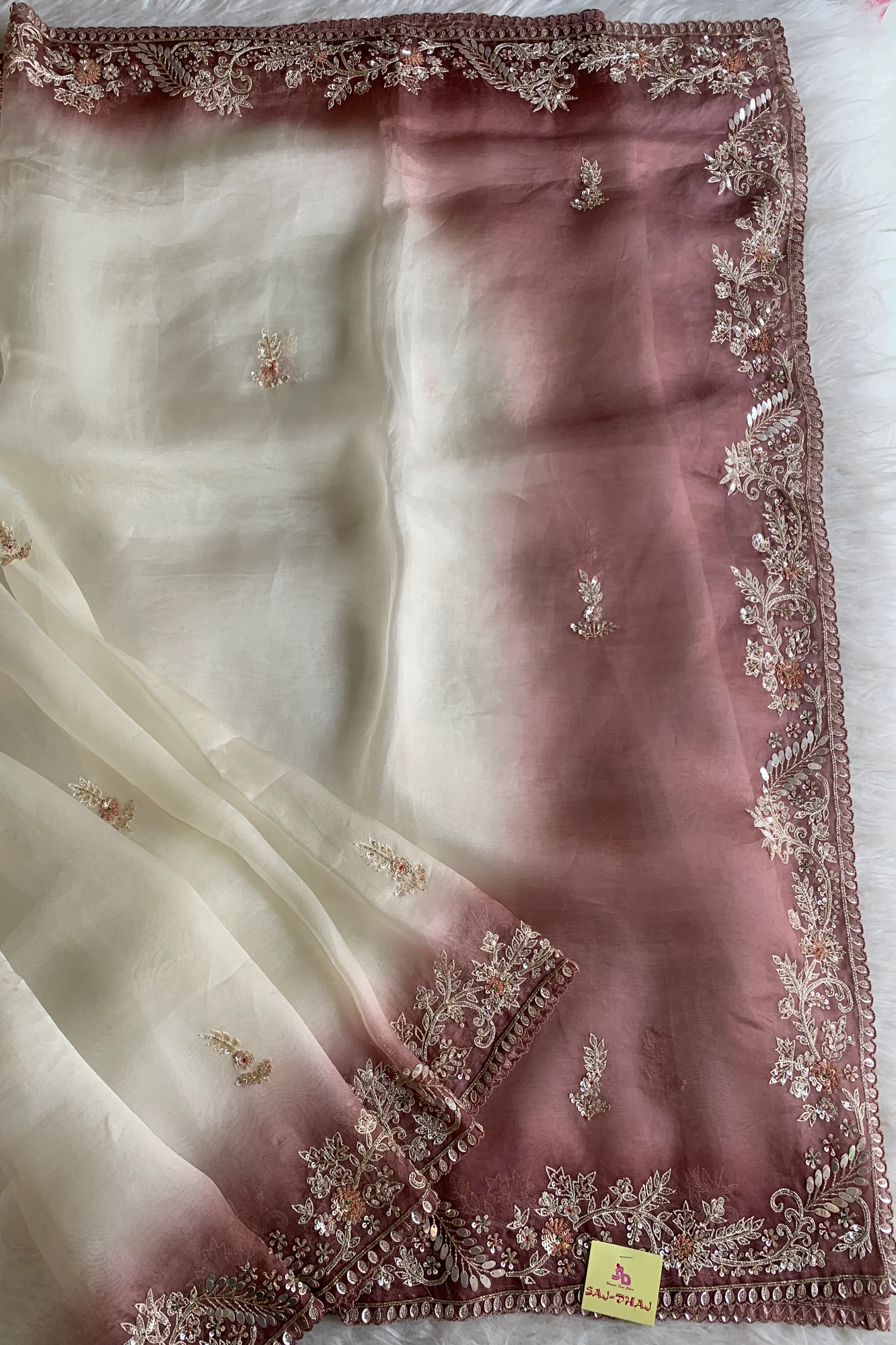 White & Brown Tissue Saree 5659 07