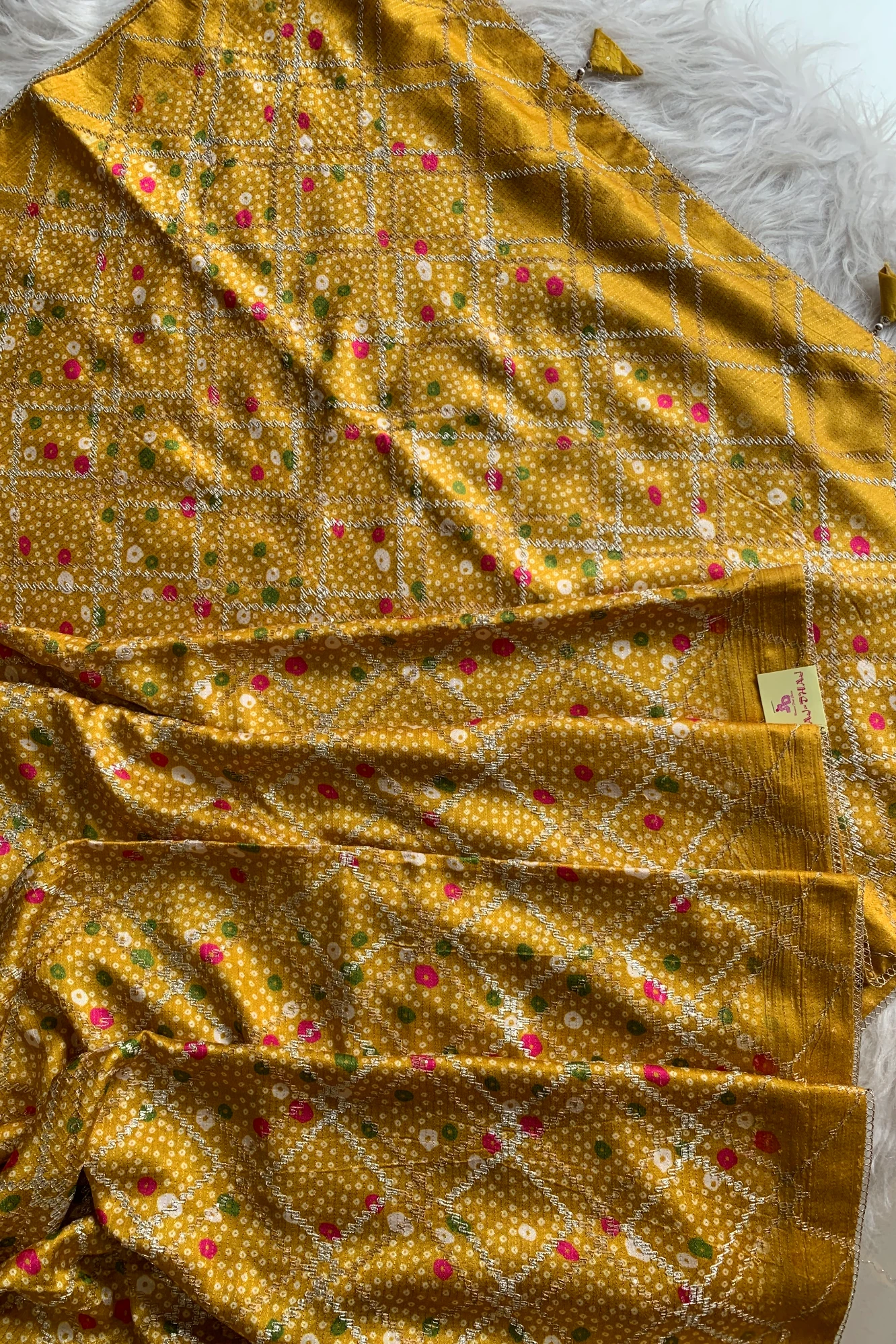 Yellow Printed Bandhej Modal Silk Saree with Lampi Gota 5274 03