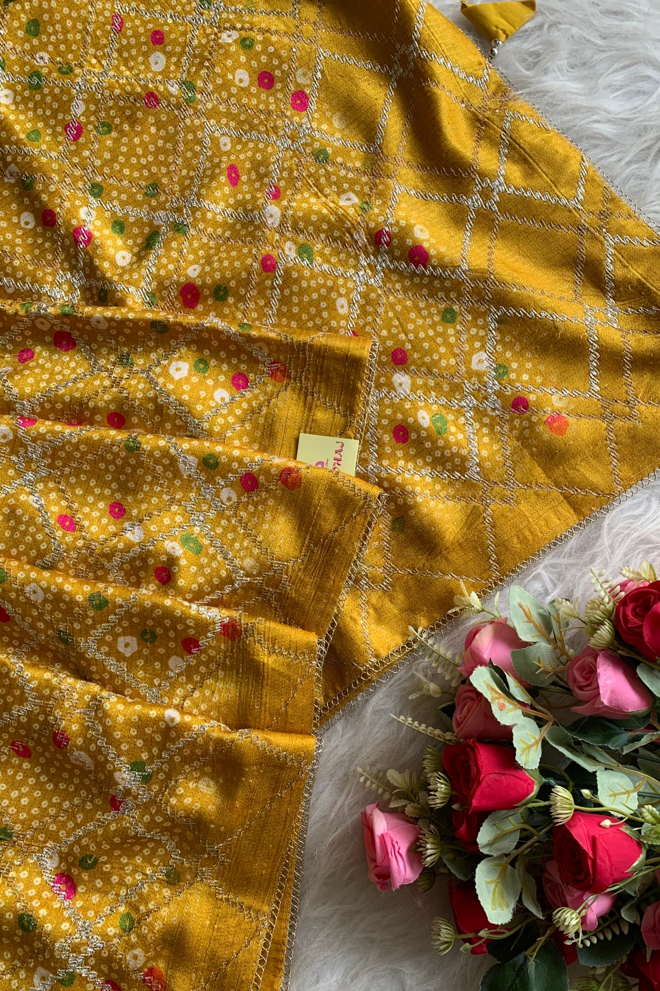 Yellow Printed Bandhej Modal Silk Saree with Lampi Gota 5274 03
