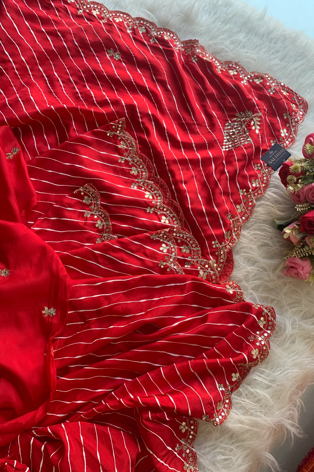 Red Leheriya Russian Silk Saree with Gota Patti 5846 06