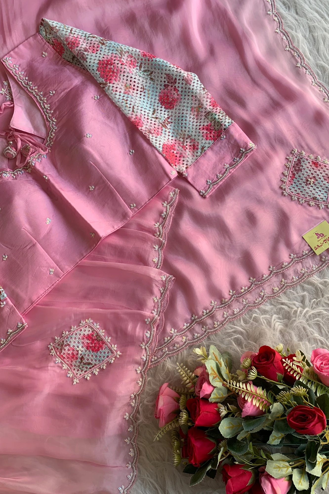 Baby Pink Crochet Designed Habutai Silk Saree 5367 01
