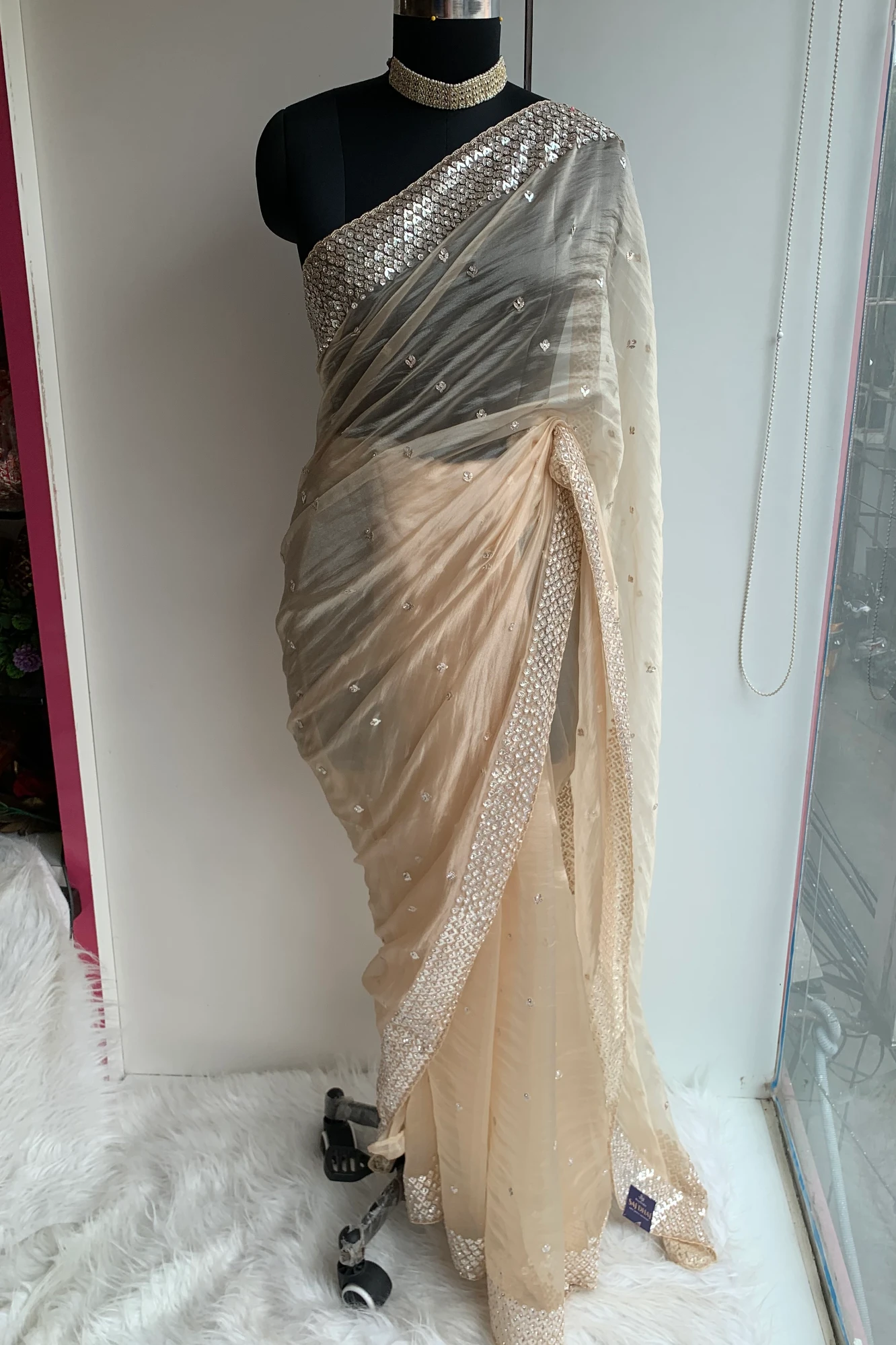 Champagne Gold Embellished Butter Organza Saree 5847 01