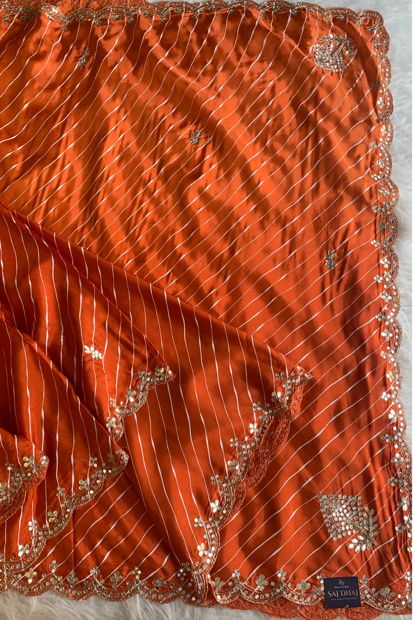 Orange Leheriya Russian Silk Saree with Gota Patti 5846 06
