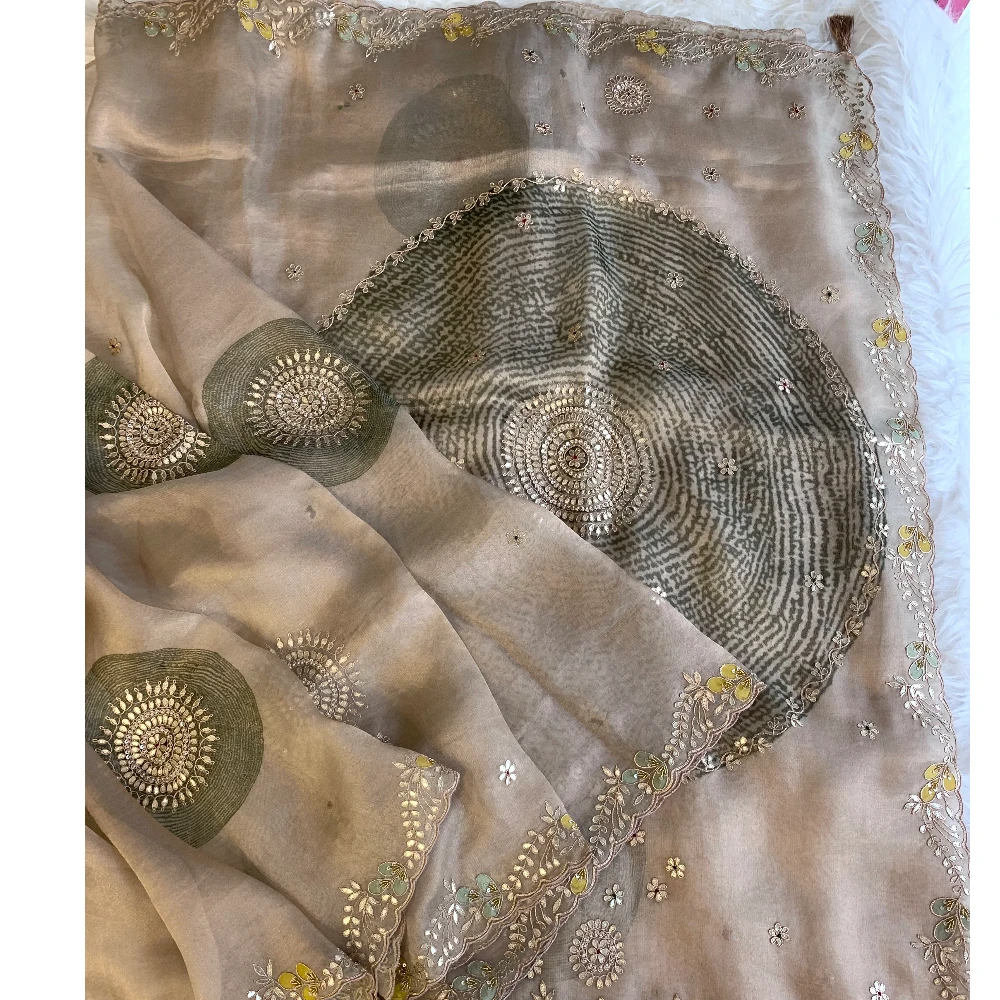 Gota Patti Organza Saree with Tie Dye Effect (beige+Green) 5838 01