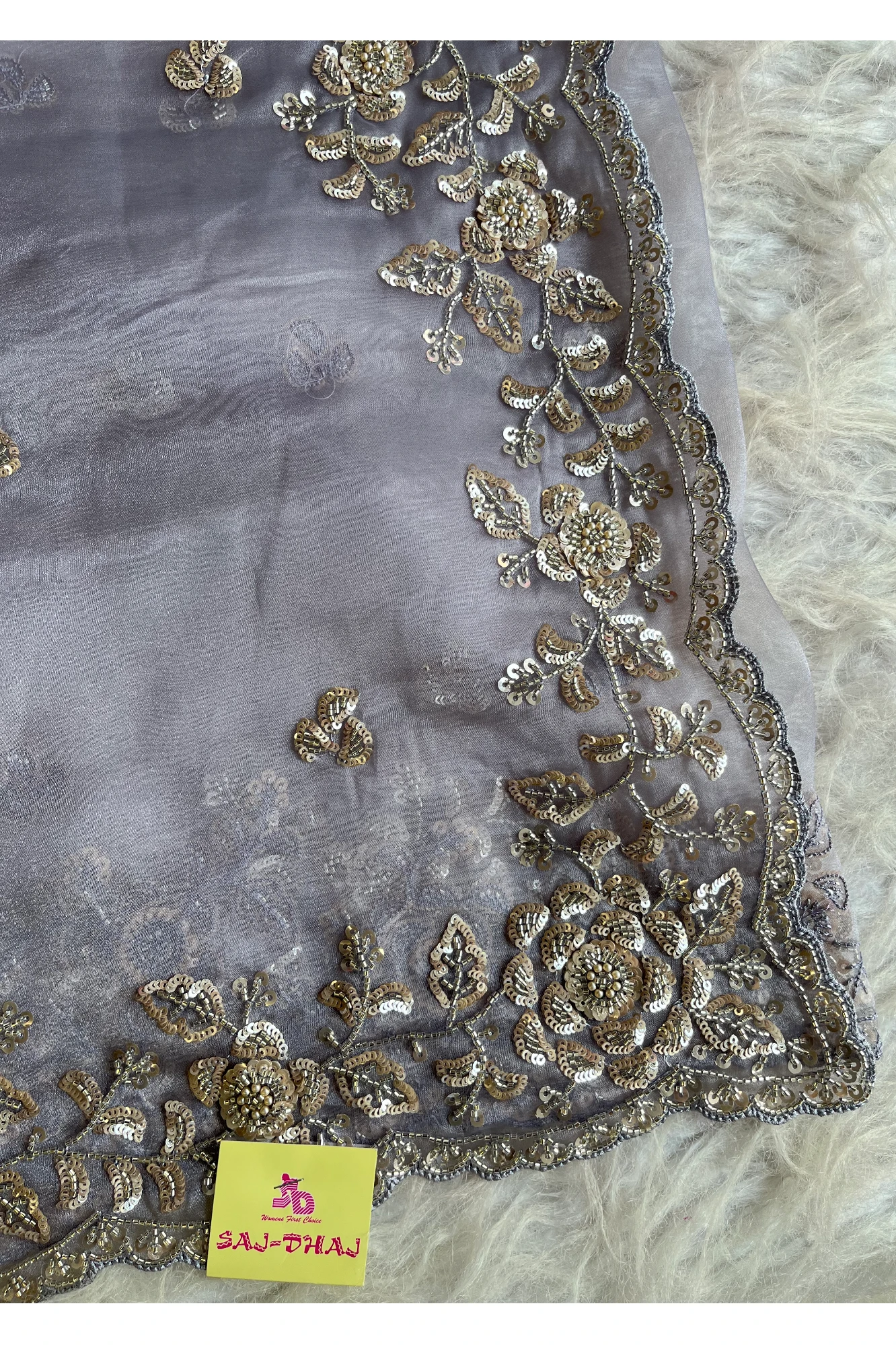 Tissue Organza Saree with  Sequin, Cutdana Work & Beads Scallop Border 5426 02
