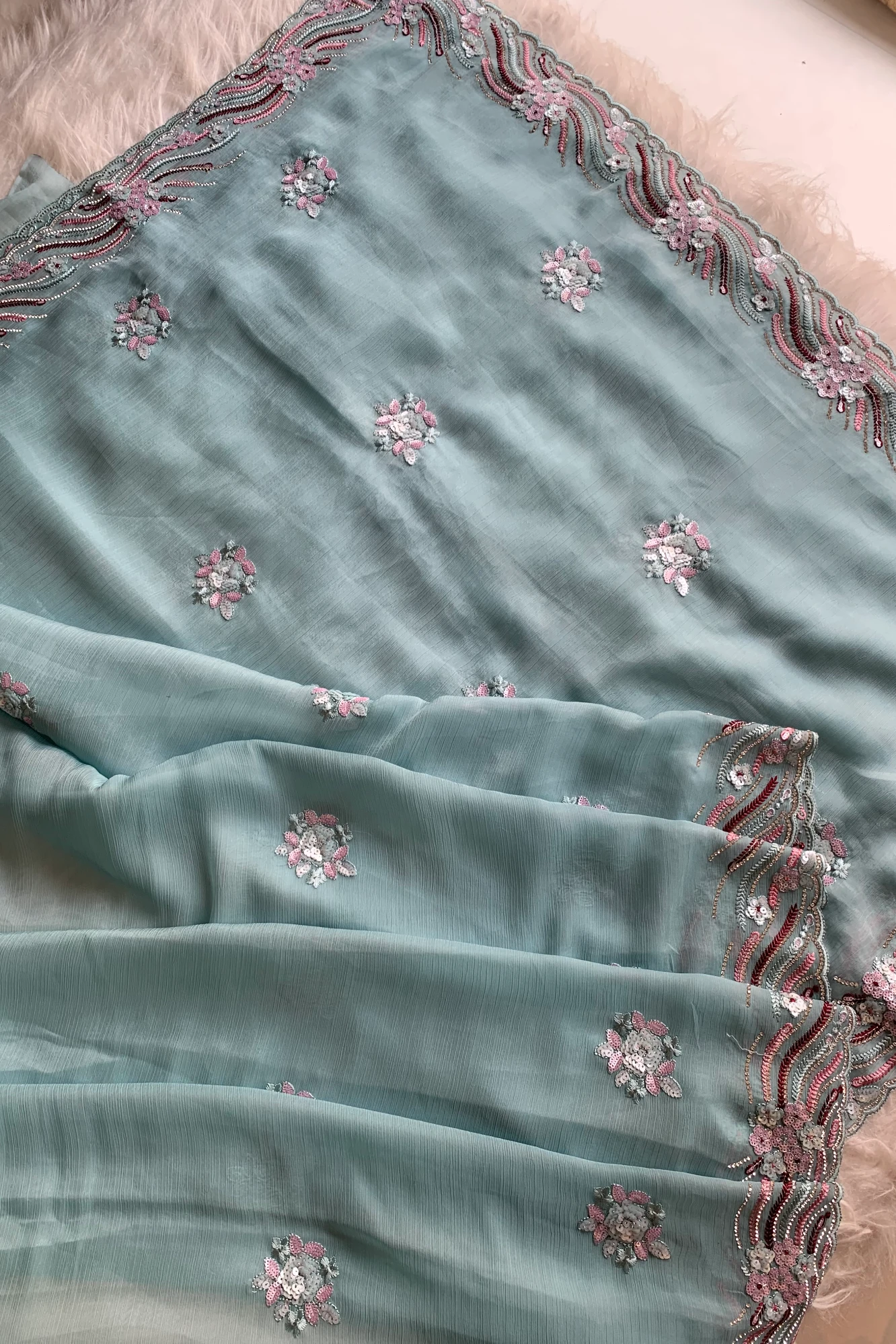 Sea Blue Embroidered Chinnon Georgette Saree 4894 01