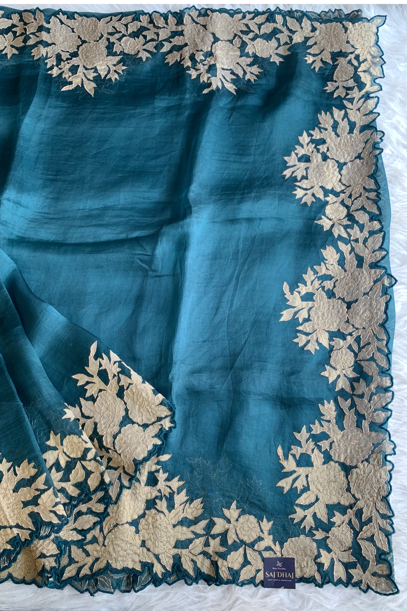 Peacock Blue Kora Silk Saree with Appliqué Border Work 5818 03