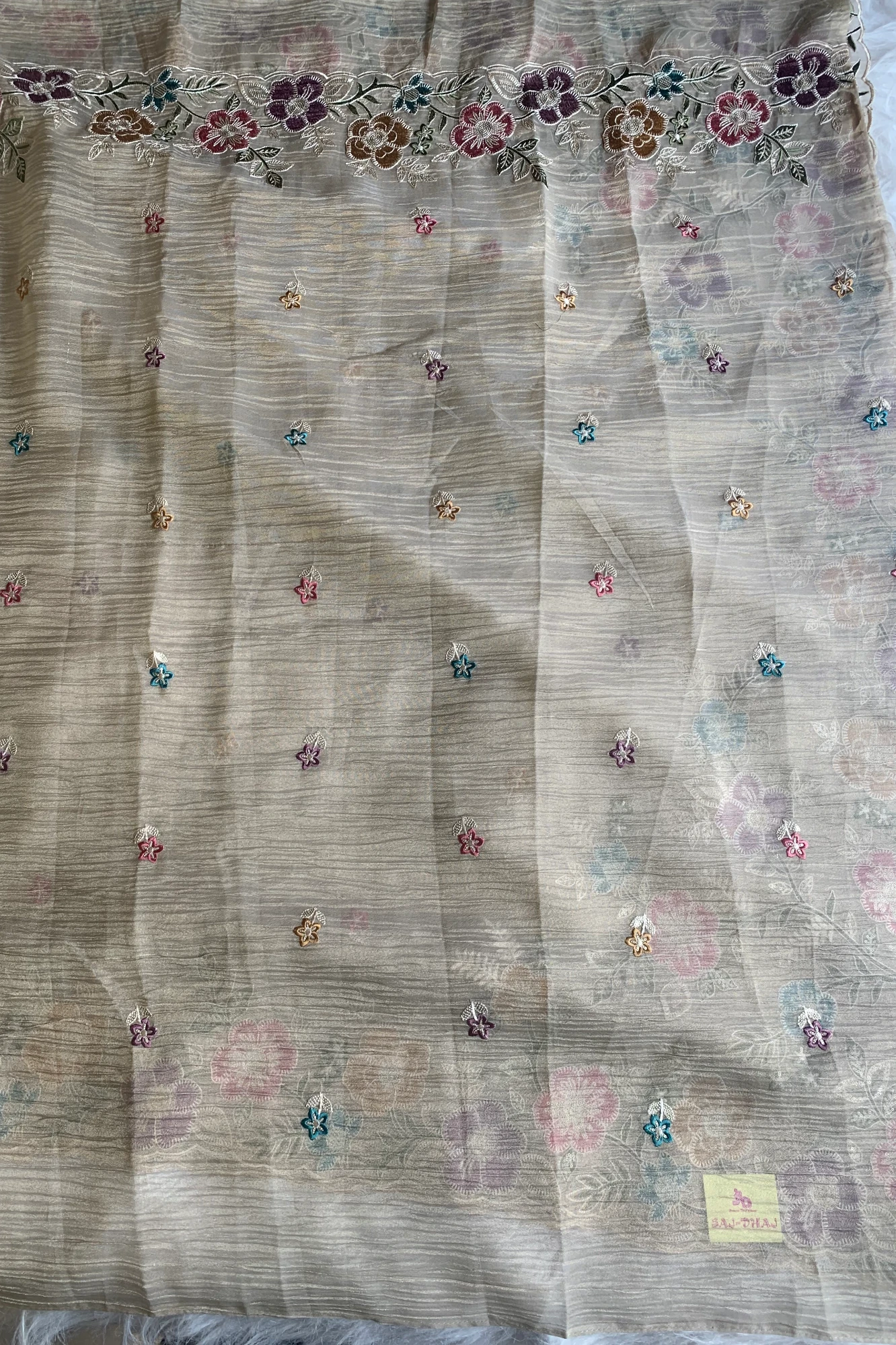 Cream Crush Tissue Organza Floral Saree 5773 04