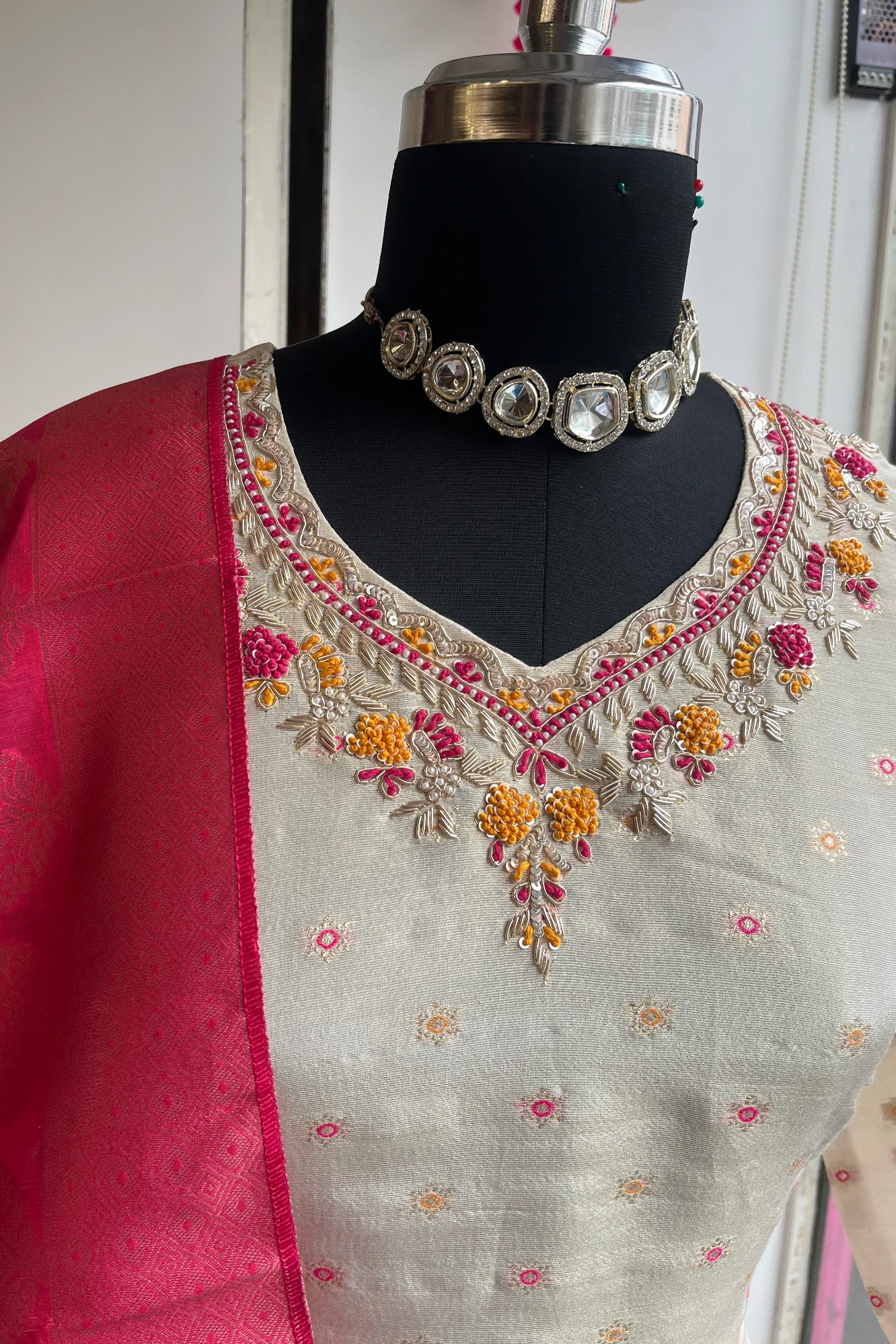 Ivory Banarasi Silk Kurti with Zardosi & Pearls – Set with Rani Pink Dupatta & Pants 5371 11 (42)