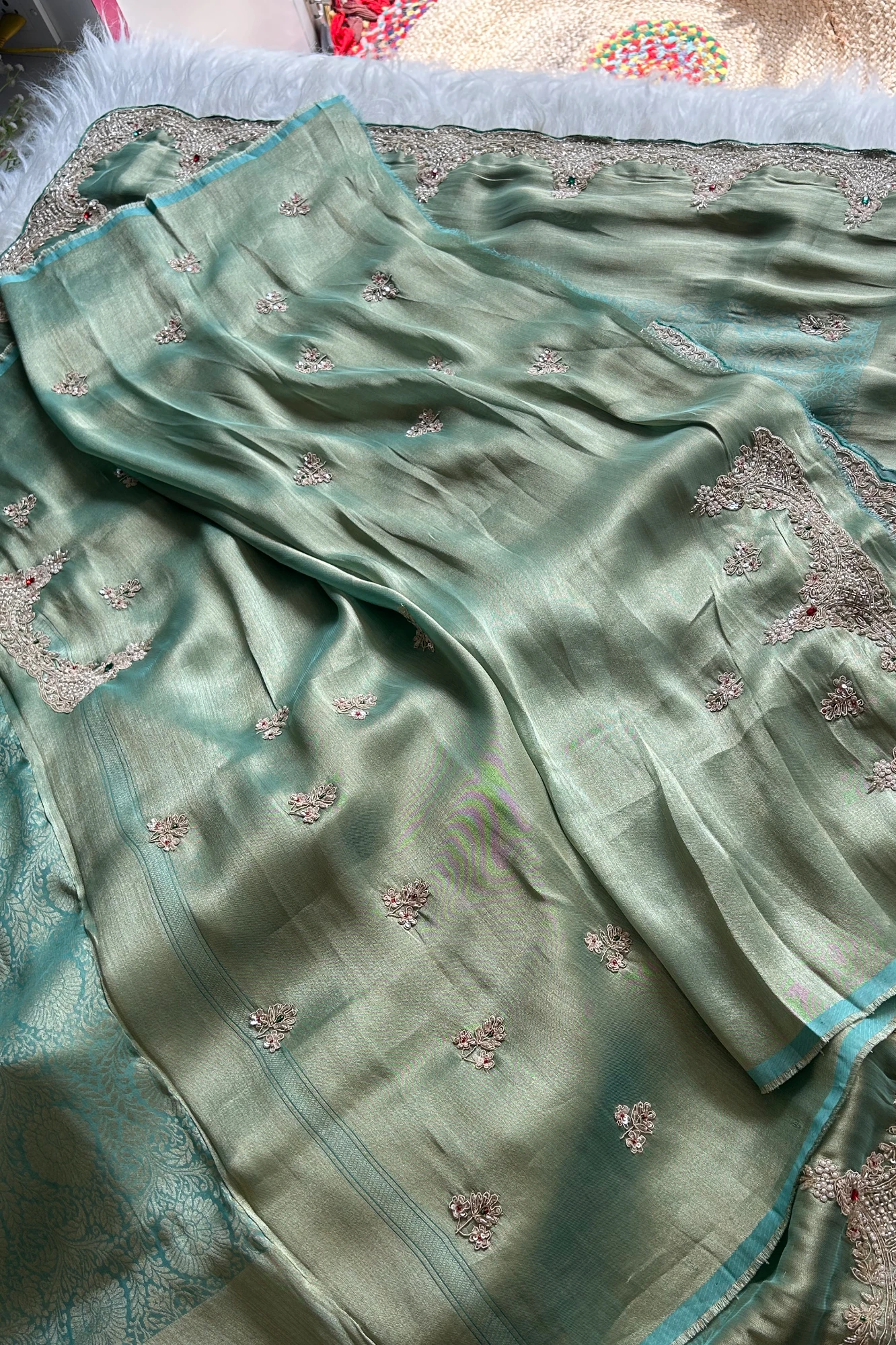 Kanchipuram Silk Saree with  Weaving, Zardosi, Sequins & Gem Embellishments 5650 12 (Green)