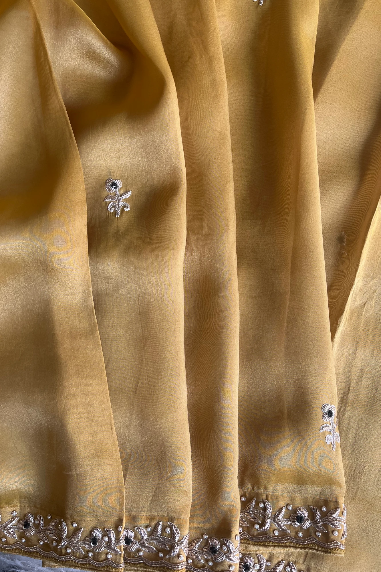 Dull Mustard Yellow Tissue Saree with Zardosi Border & Green Blouse 5525 09