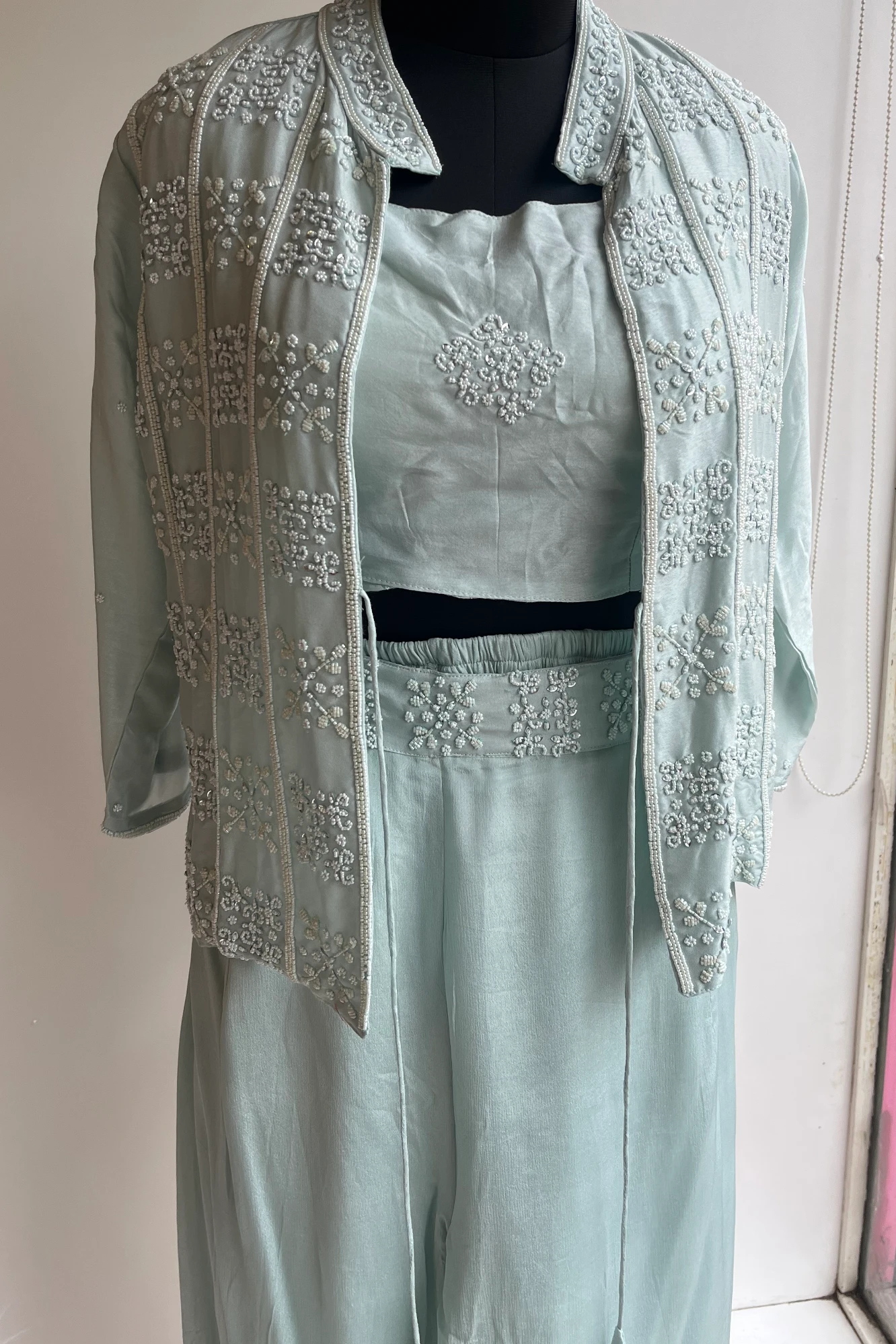 Cyan Russian Silk Blazer Set with Pearl & Bead Embellishments 5172 02 (42)