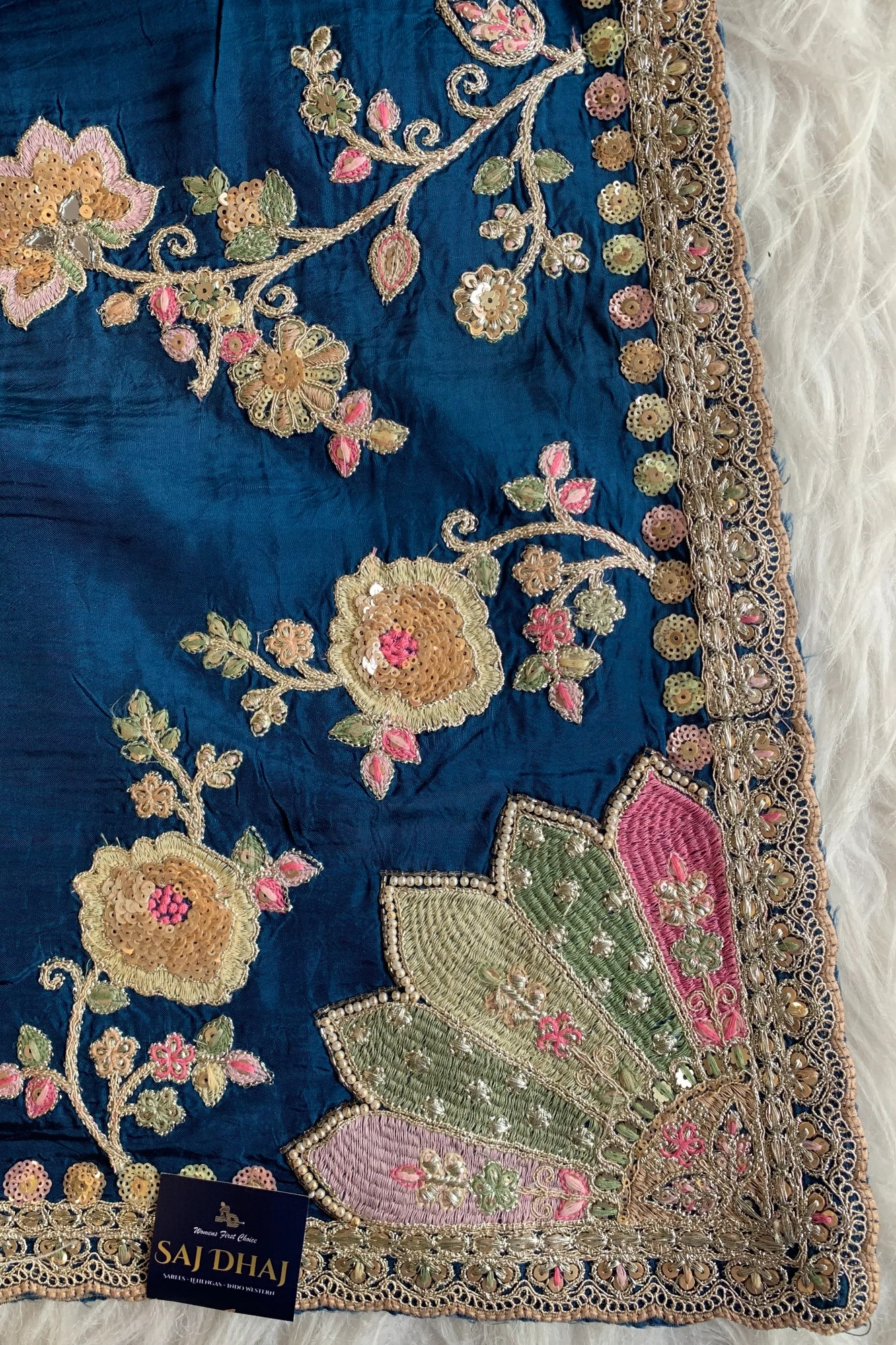 Peacock Blue Saree with Multicolour Embroidery 5786 01