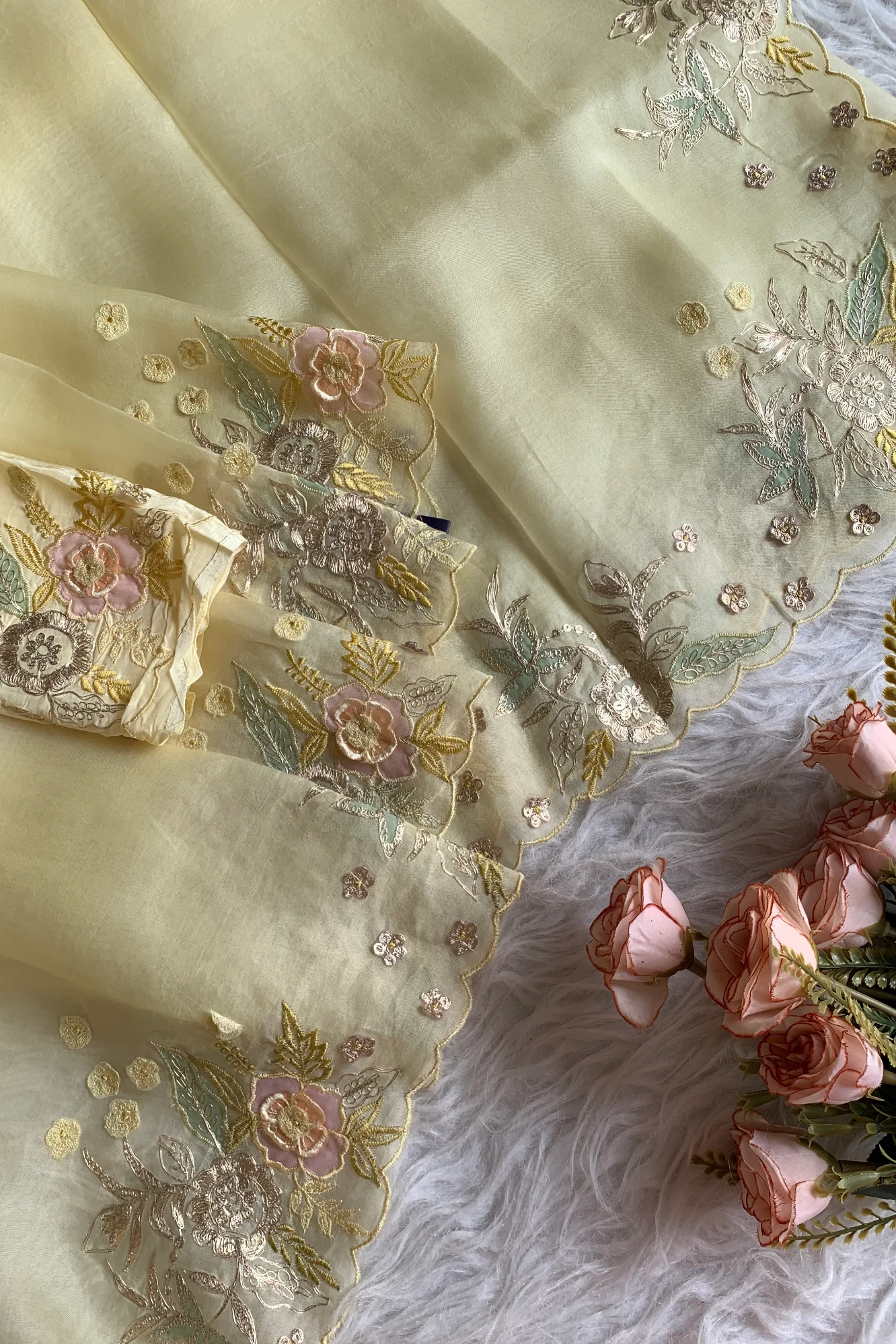Lemon Yellow Aari Embellished Silk Organza Saree 5844 02