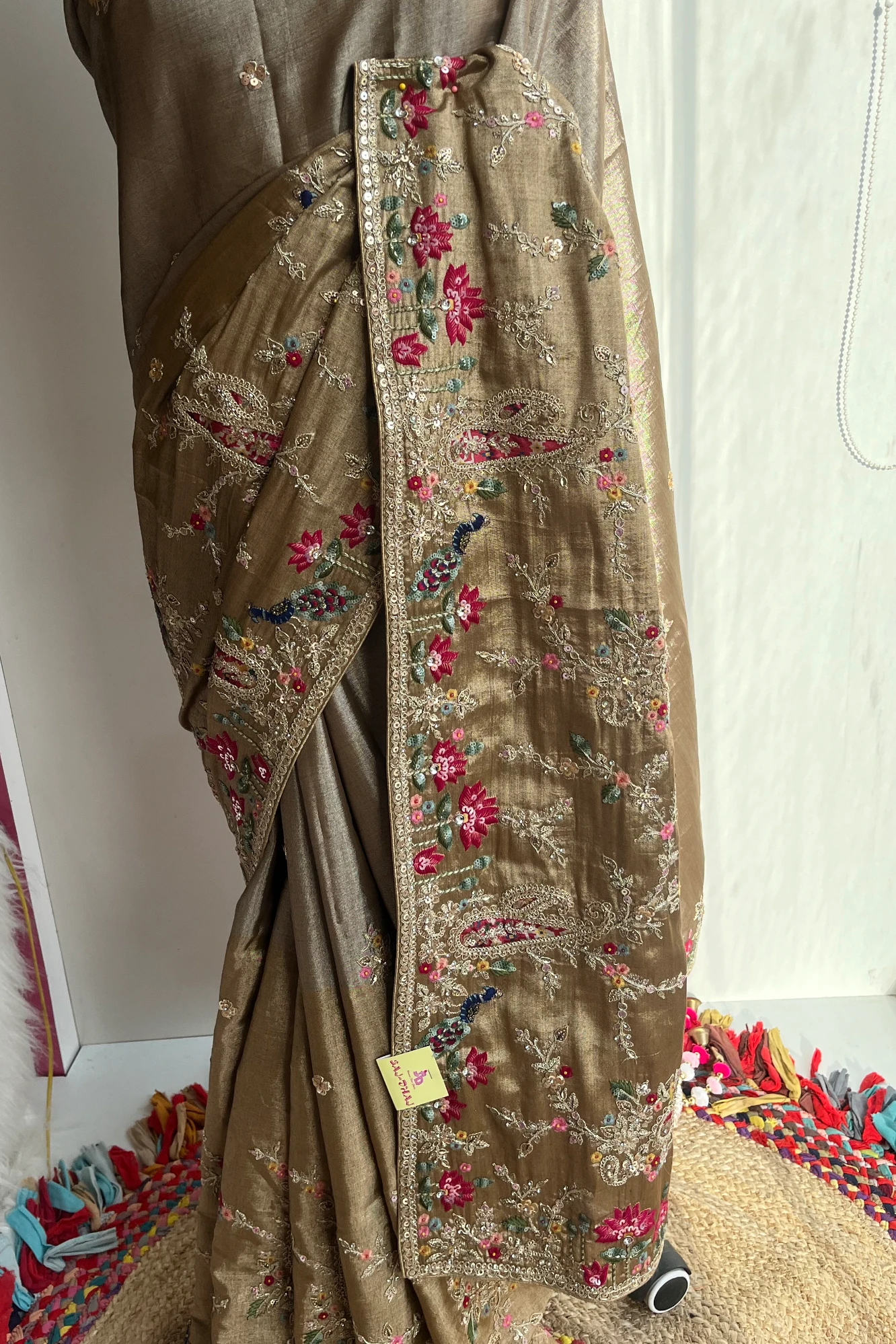 Beige Golden  Tone Kanchi Silk Saree with Peacock Motifs, Aari Dori, Thread & Stone Work 5560 08
