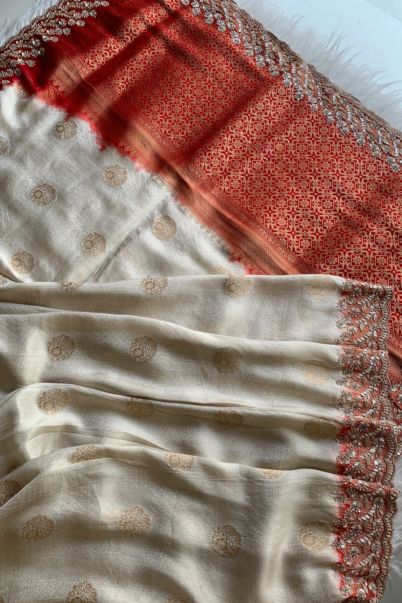 Ivory & Orange Banarasi Saree 5859 05